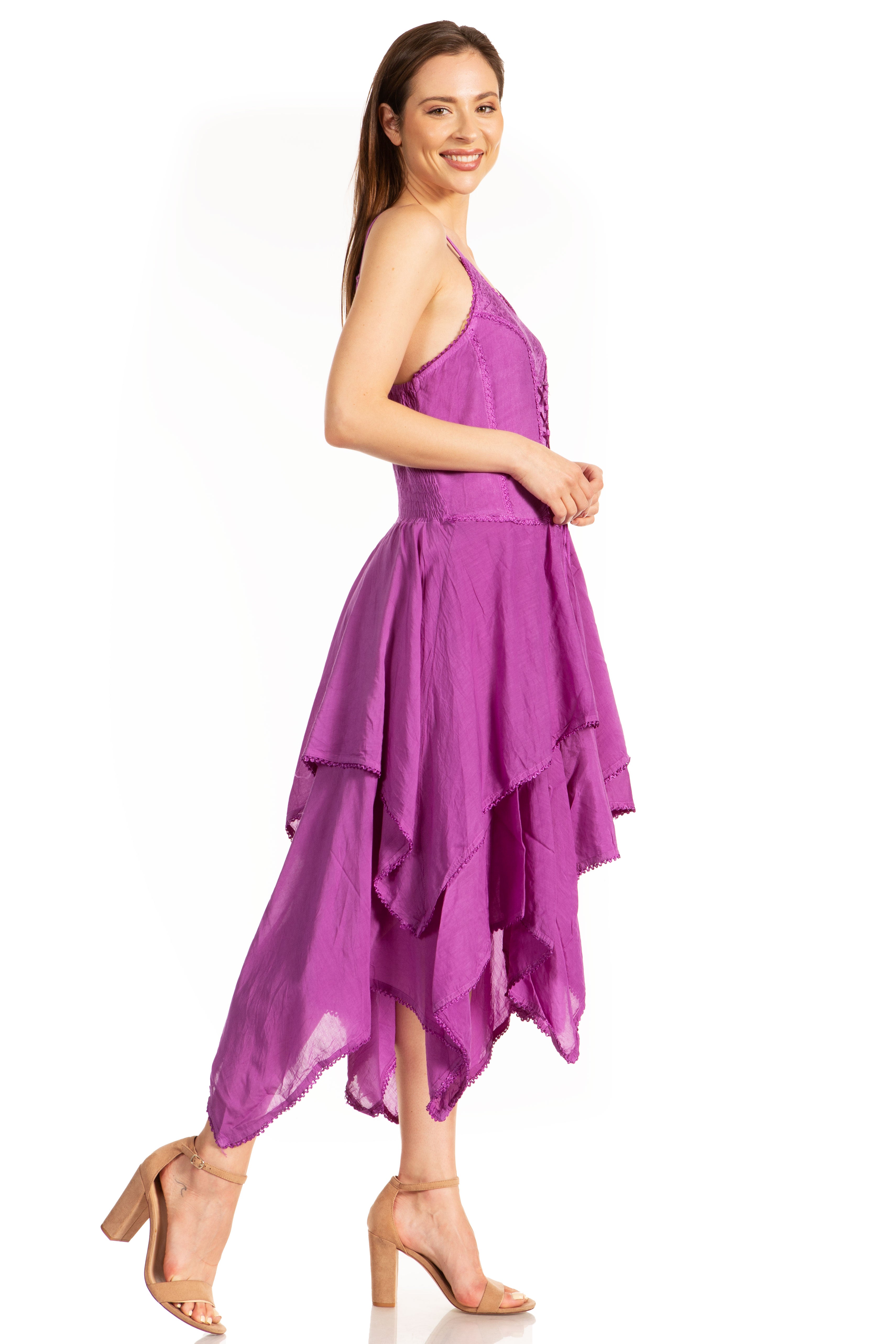 Woman wearing a purple dress on a white background