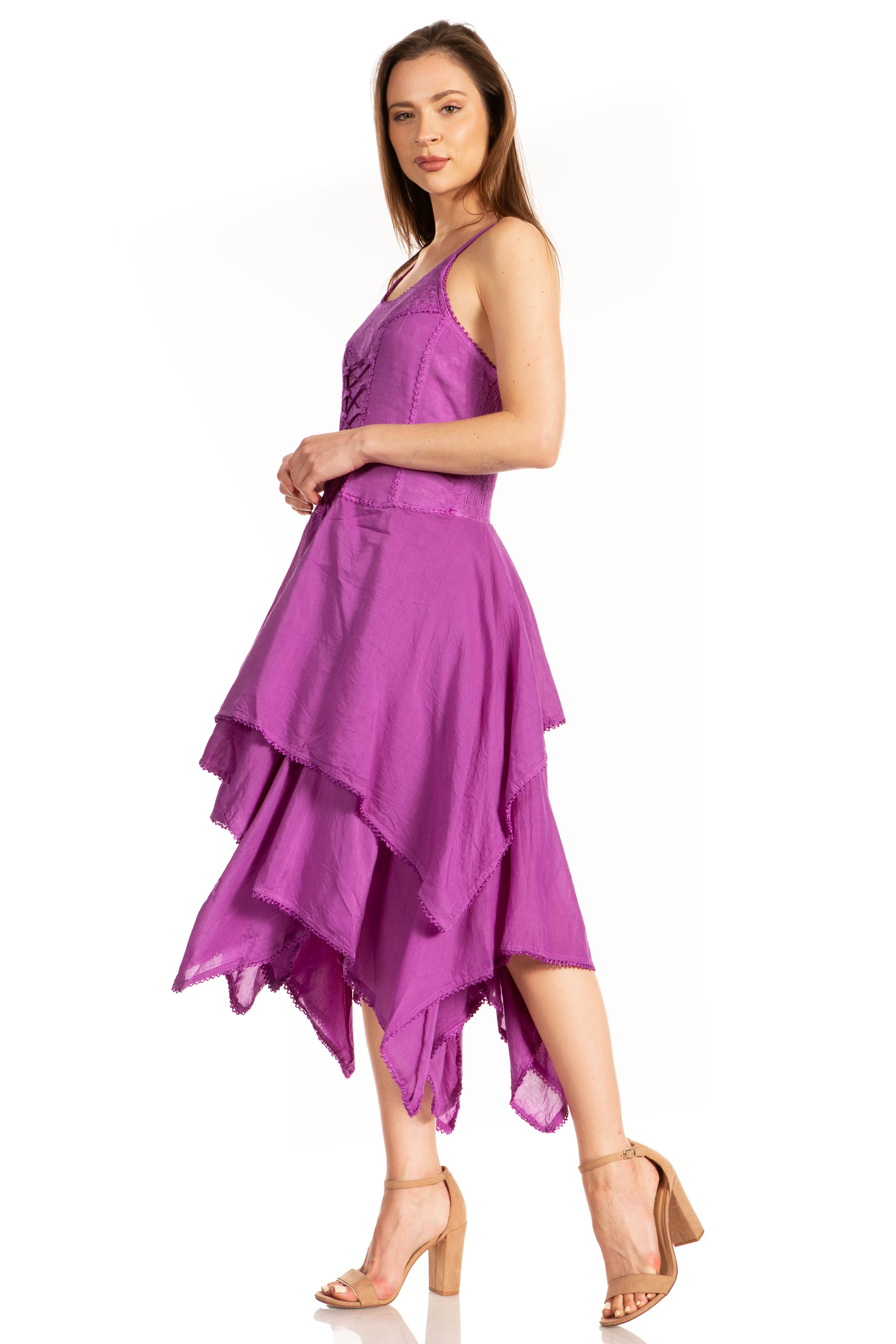 Woman wearing a purple dress on a white background