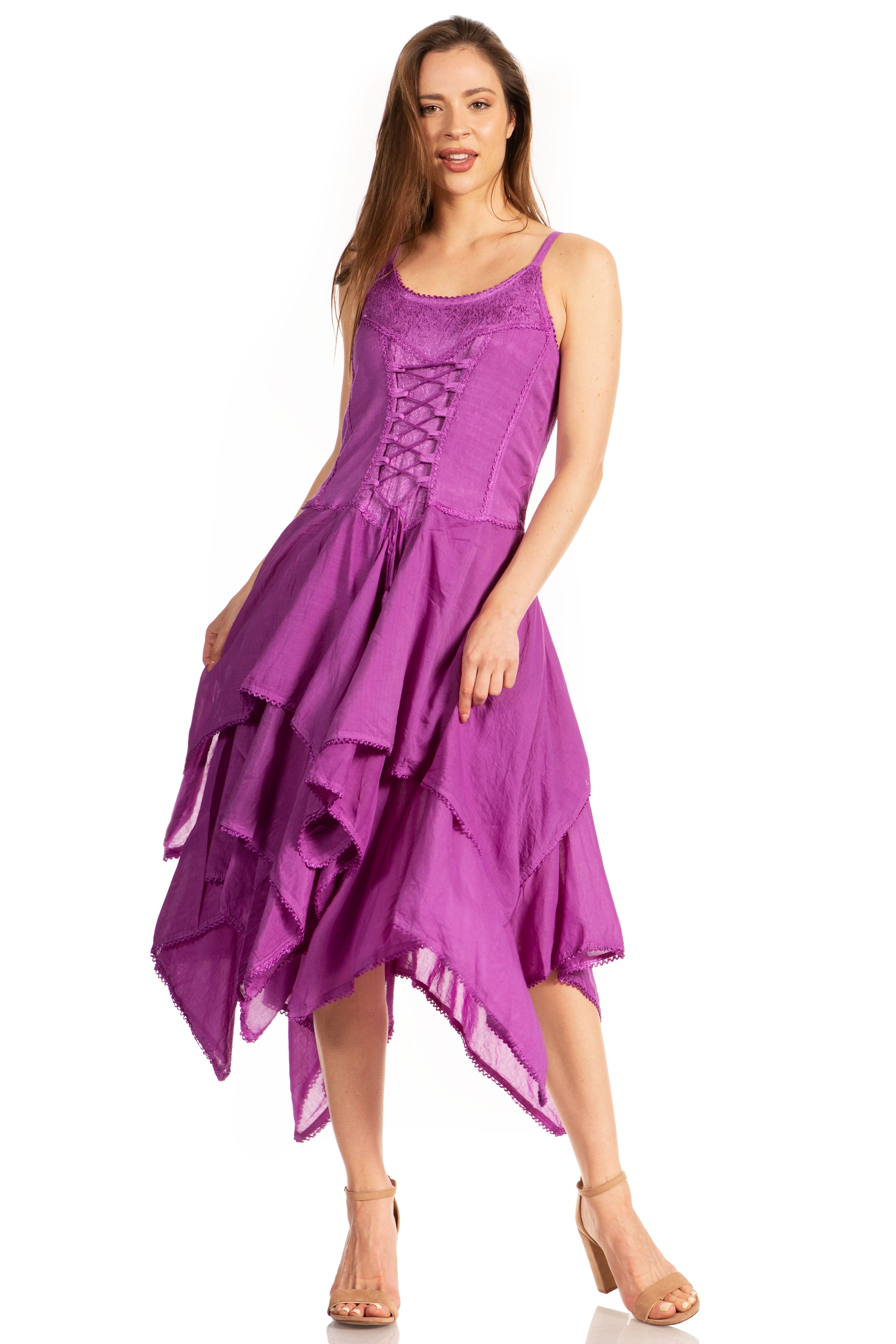 Woman wearing a purple dress with a white background