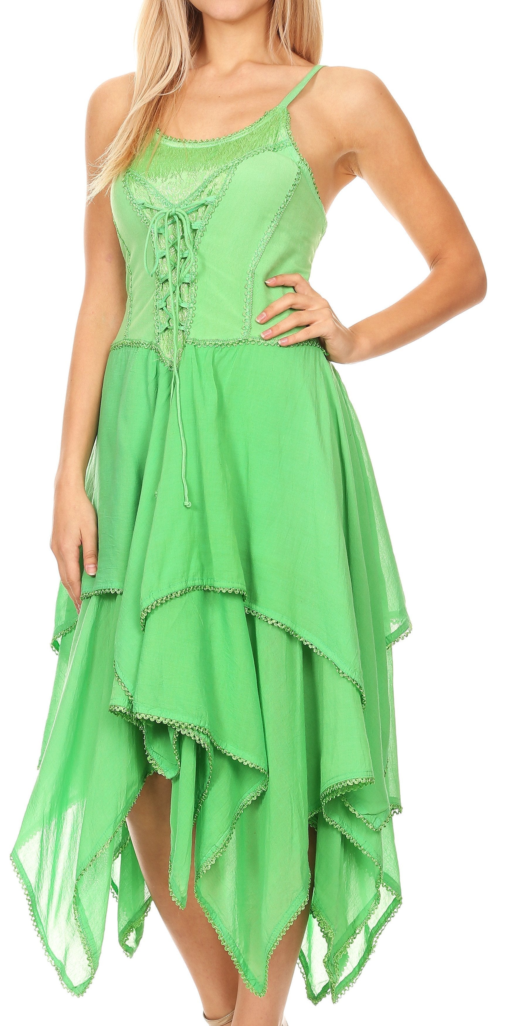 Green dress with lace details on a white background