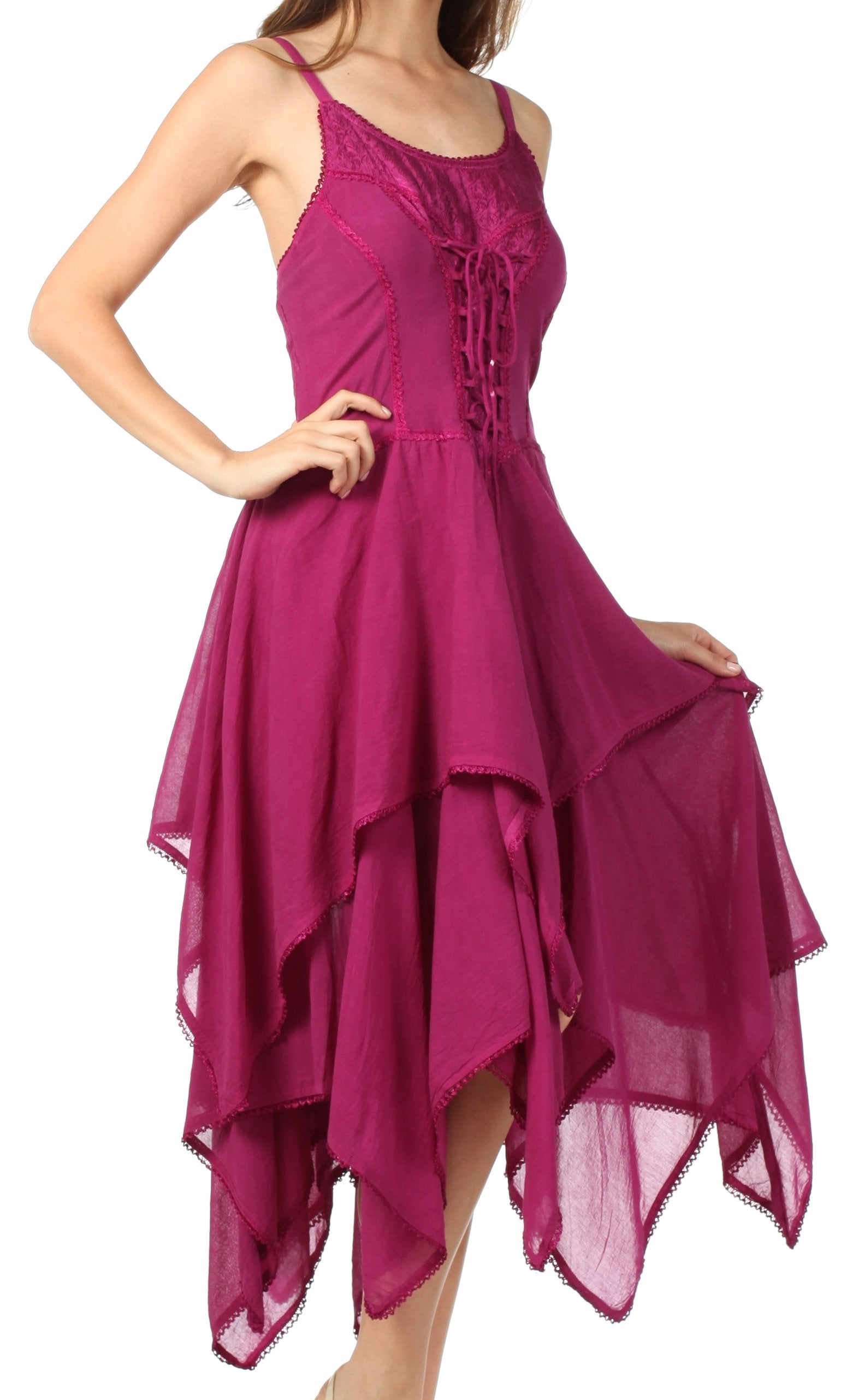 Fuchsia dress with a layered skirt on a white background