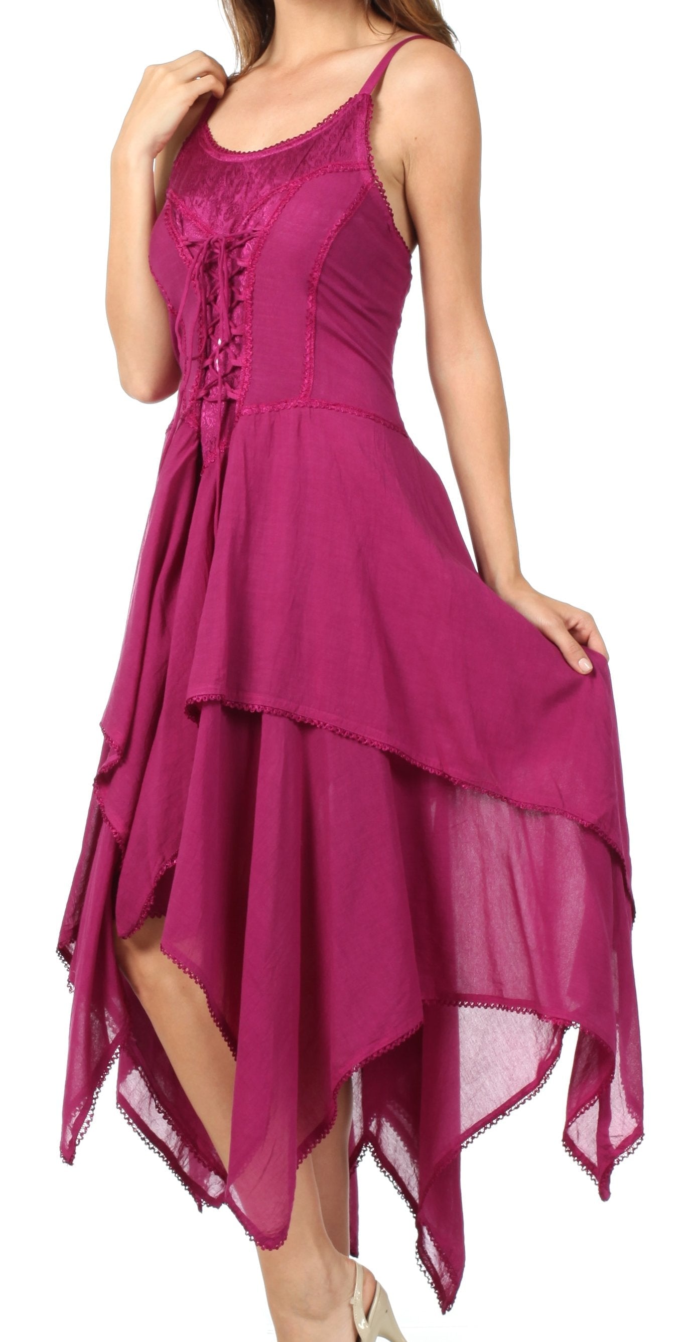 Fuchsia dress with a layered design on a white background