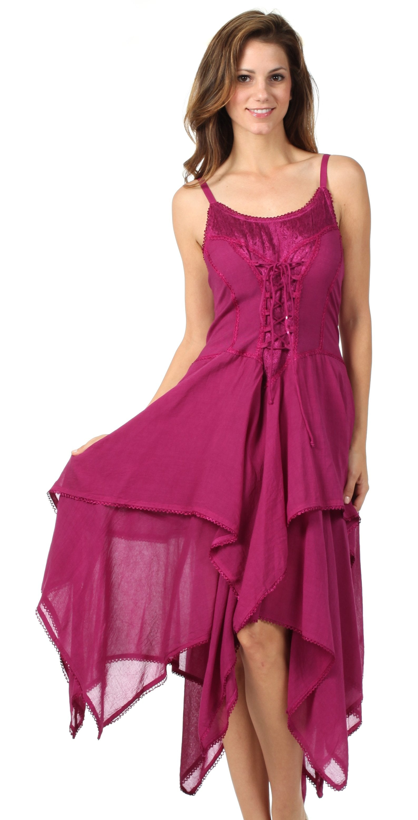 Woman wearing a pink dress with a white background
