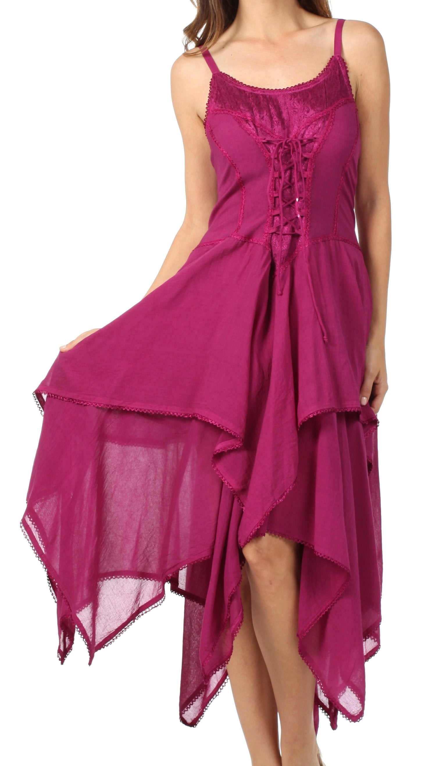 Fuchsia dress with lace-up front and sheer overlay on a white background