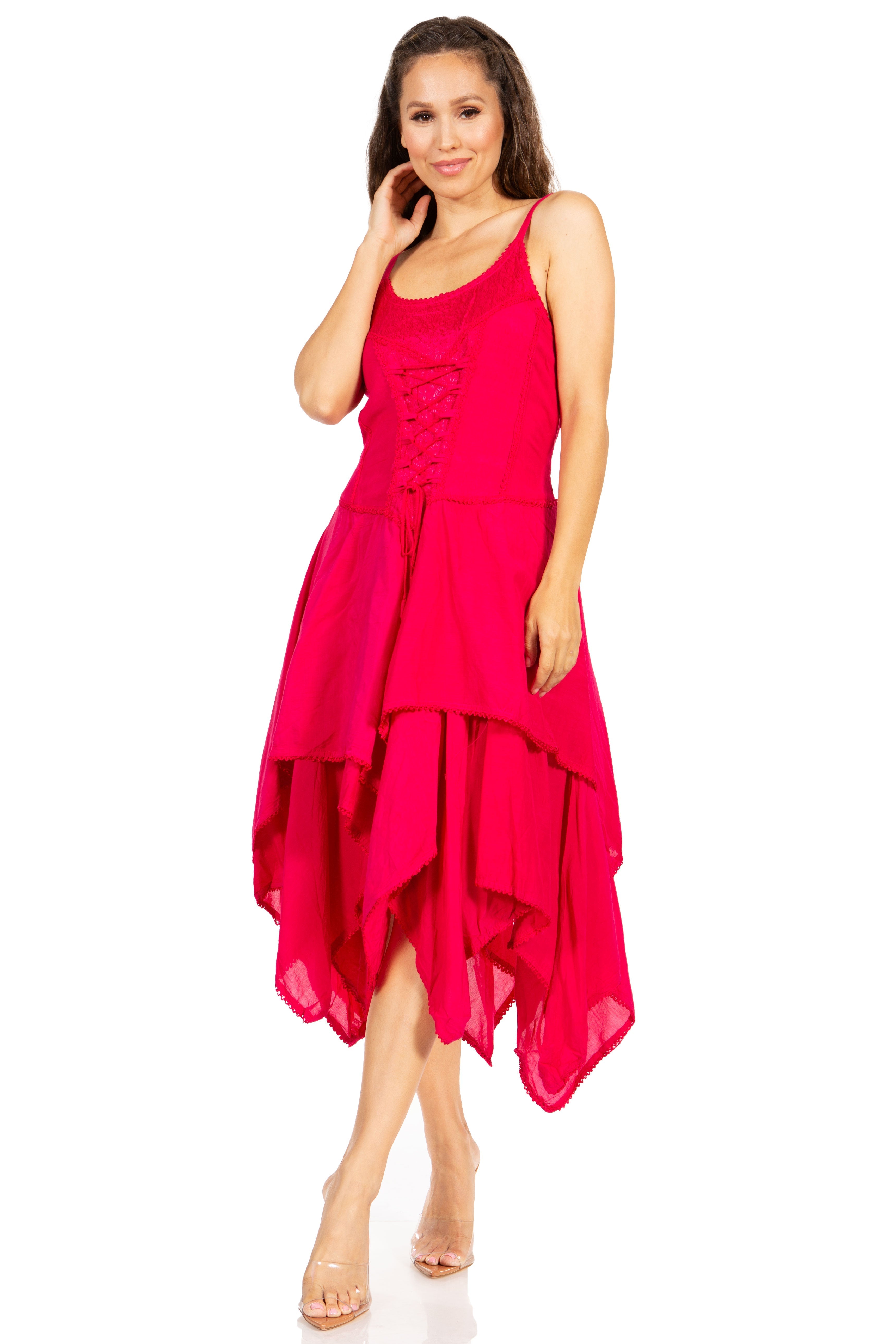 Woman wearing a bright pink dress on a white background