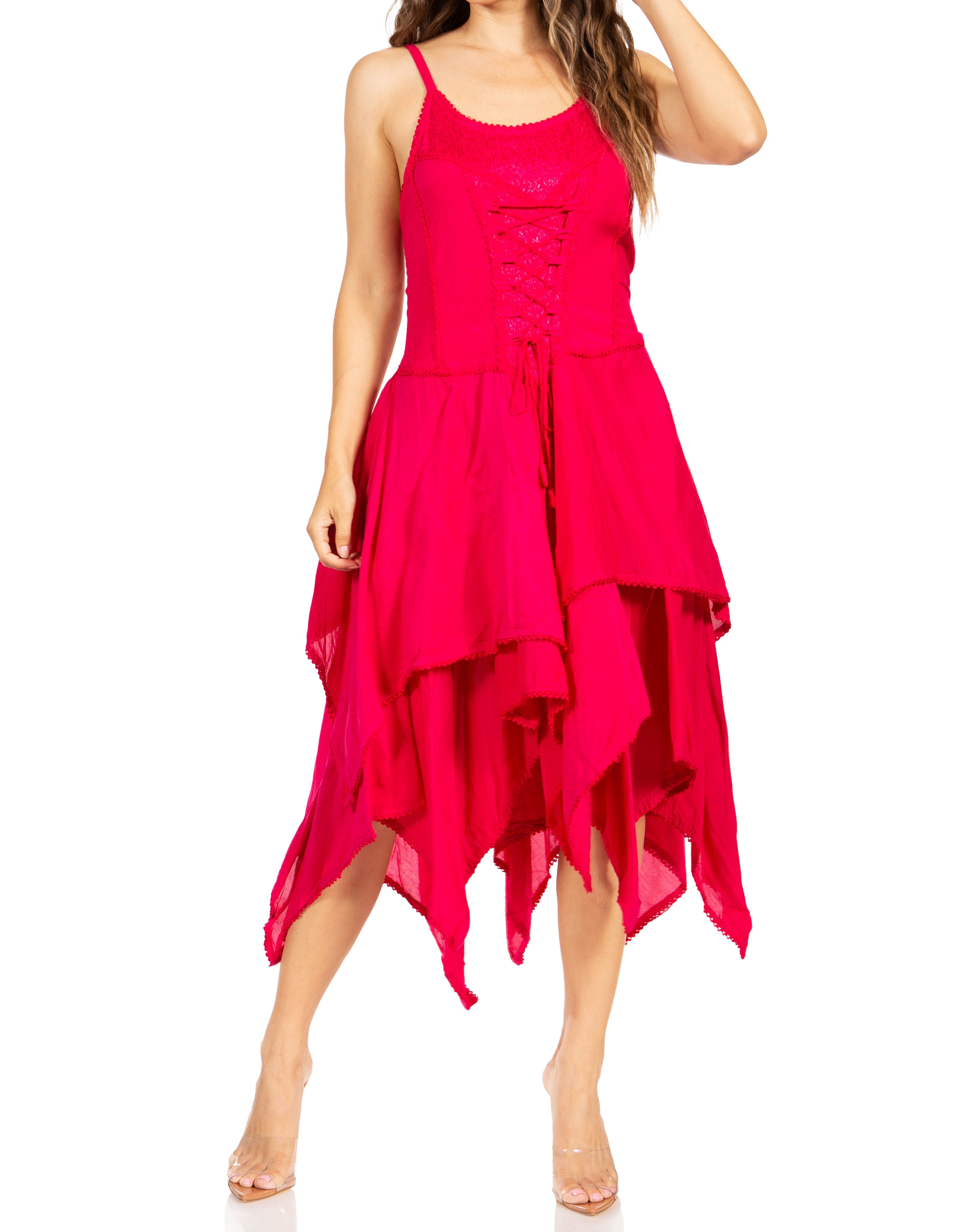 Woman wearing a bright pink dress on a white background