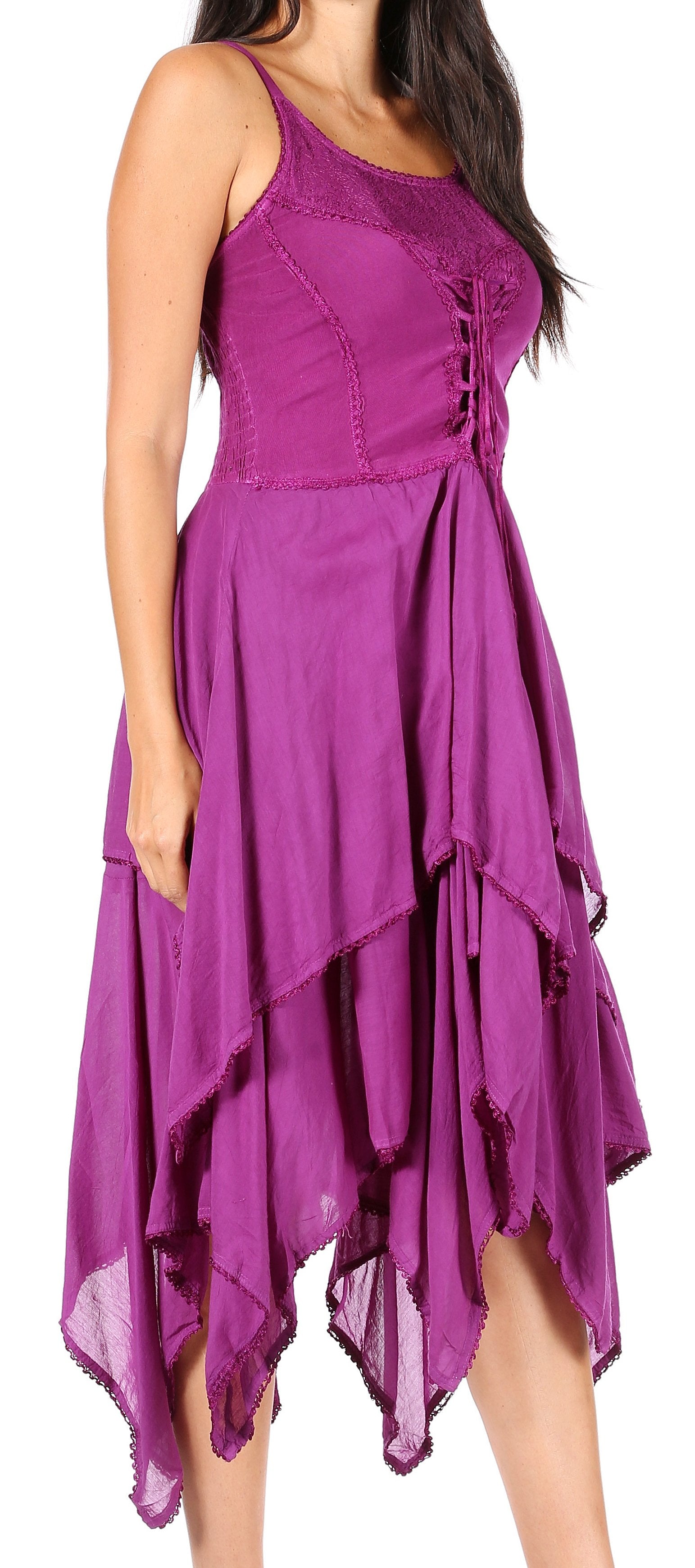 Purple dress with ruffled layers worn by a model