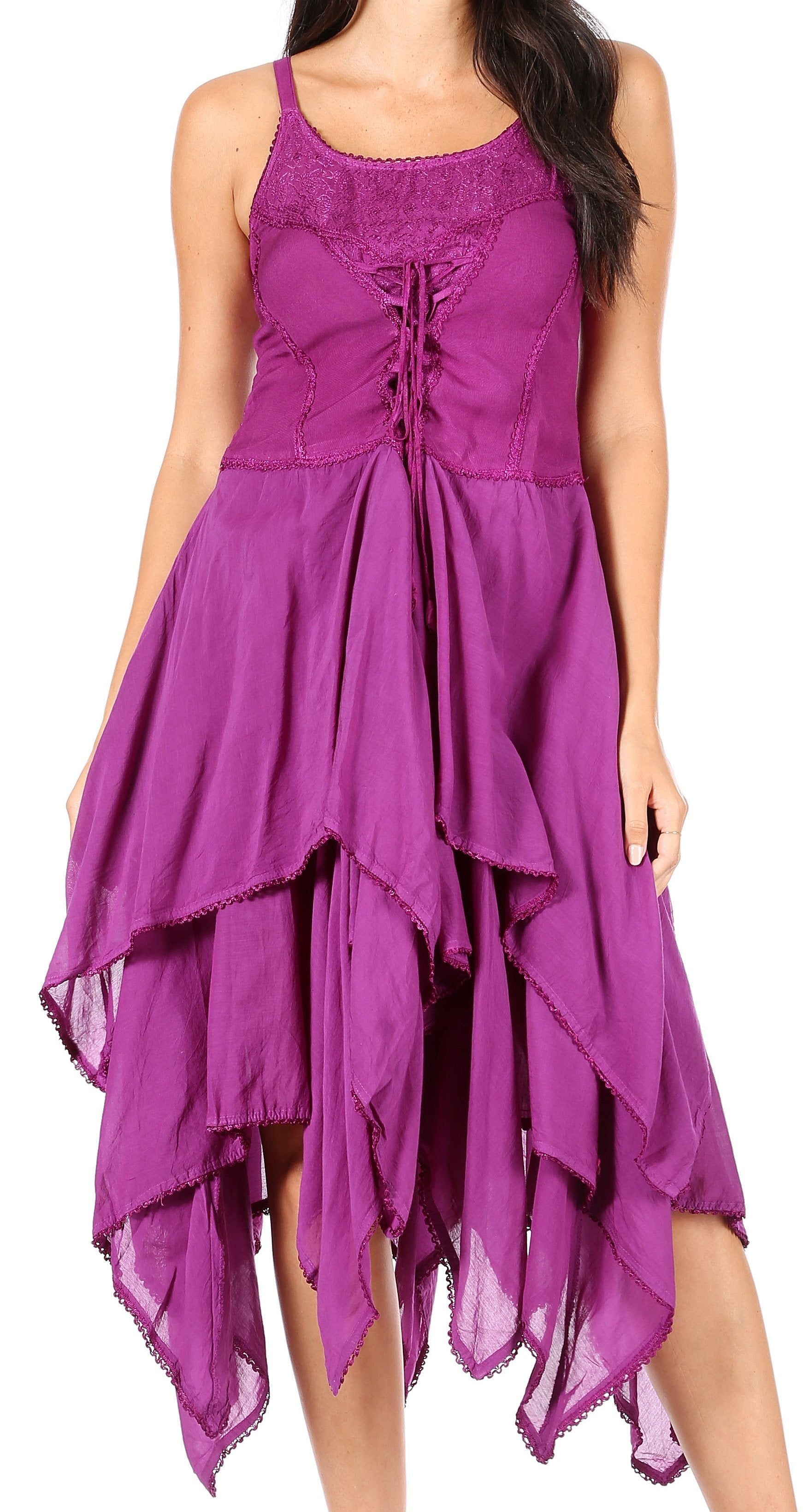 Purple dress with ruched bodice and layered skirt on a white background