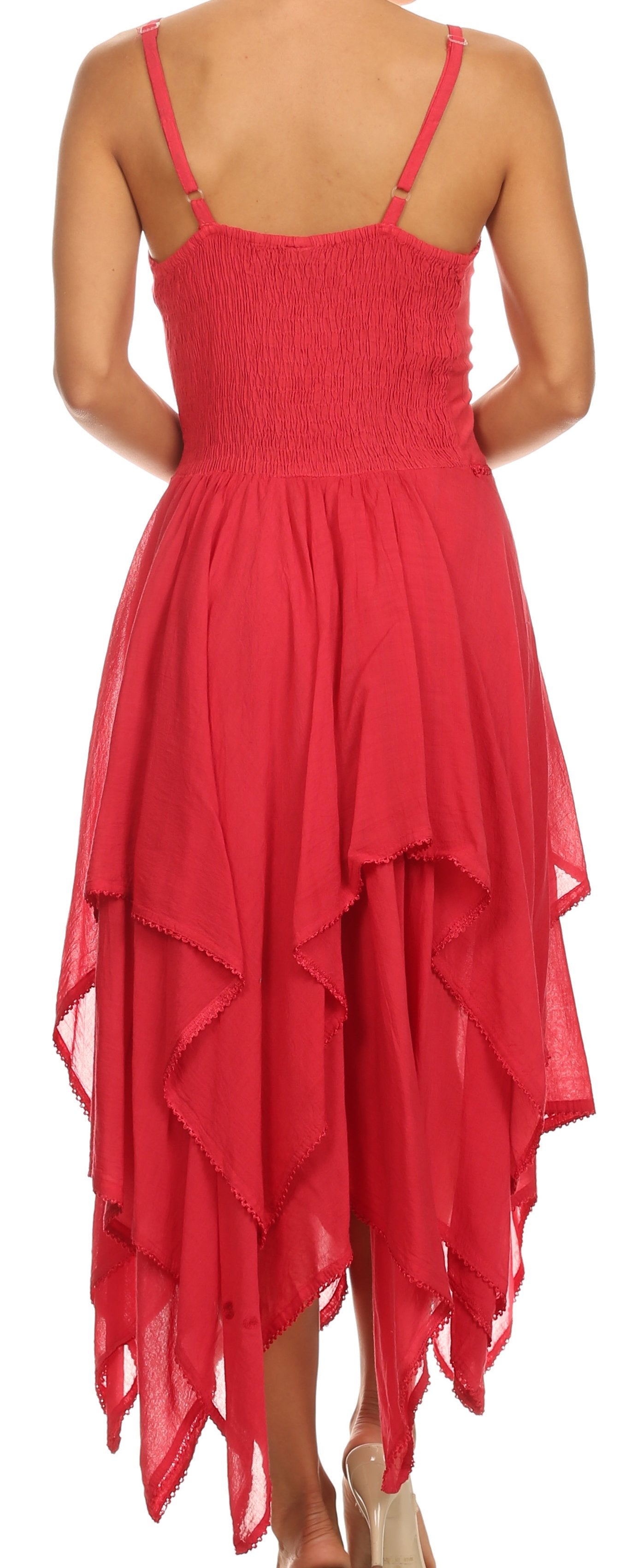 Red dress with a smocked bodice and layered skirt on a white background