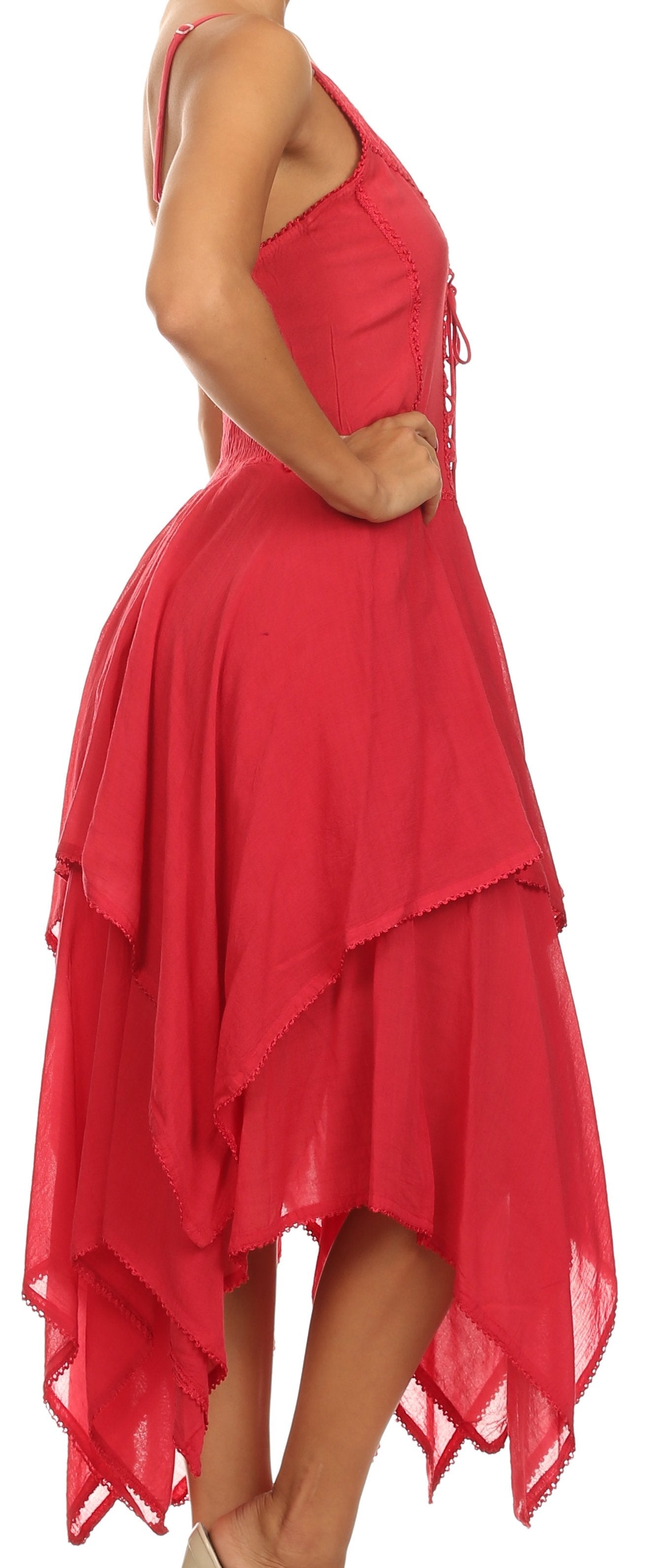 Red dress with a layered skirt on a white background