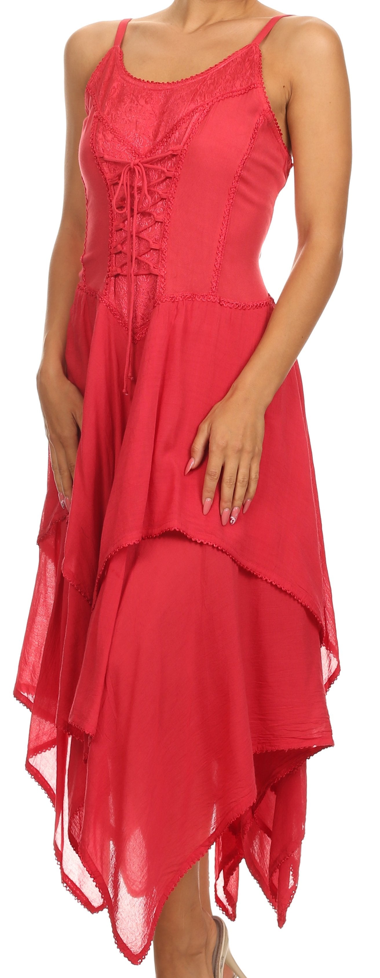 Red dress with a corset-style top and layered skirt on a white background