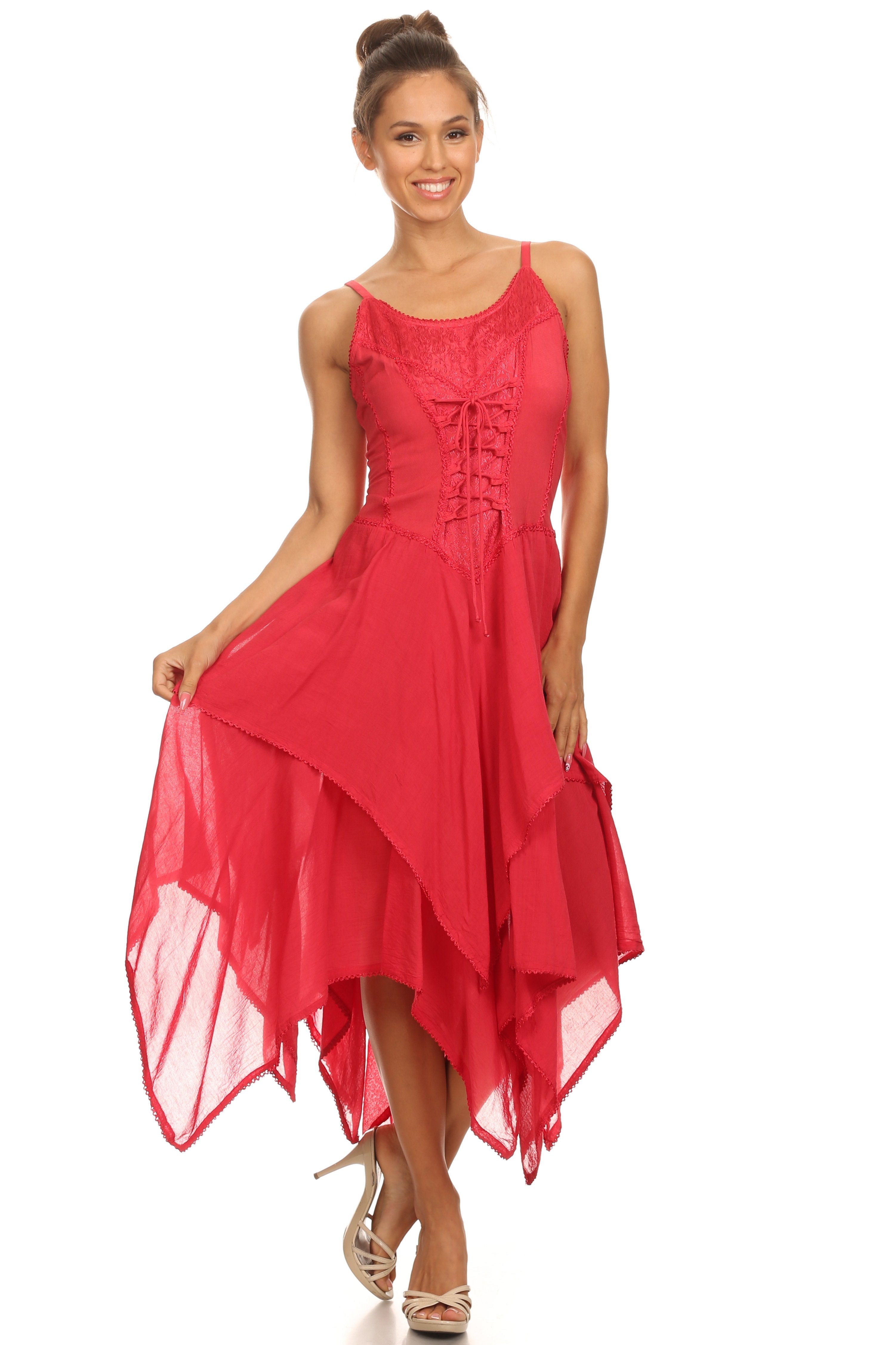 Woman wearing a red dress on a white background