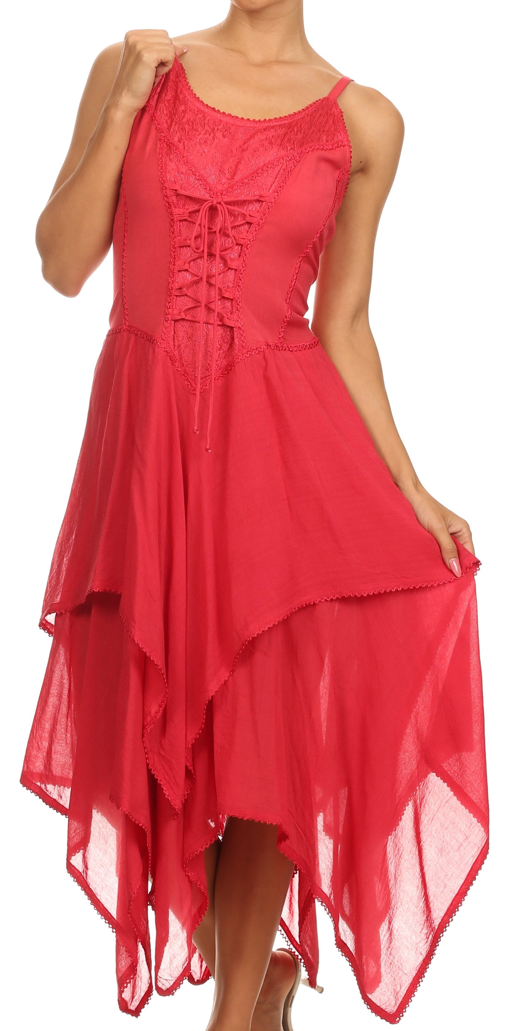 Red dress with lace details on a white background