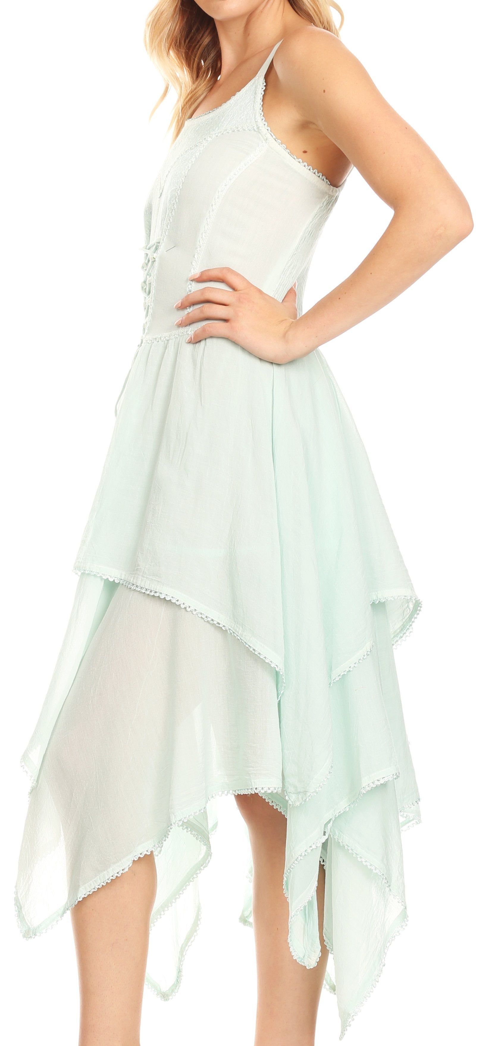 Woman wearing a light green dress with a white background