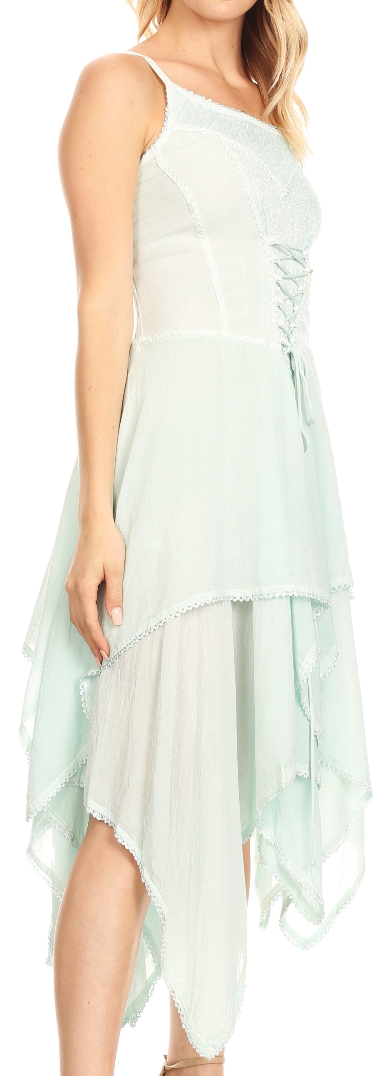 Light green dress with a high-low hemline on a white background