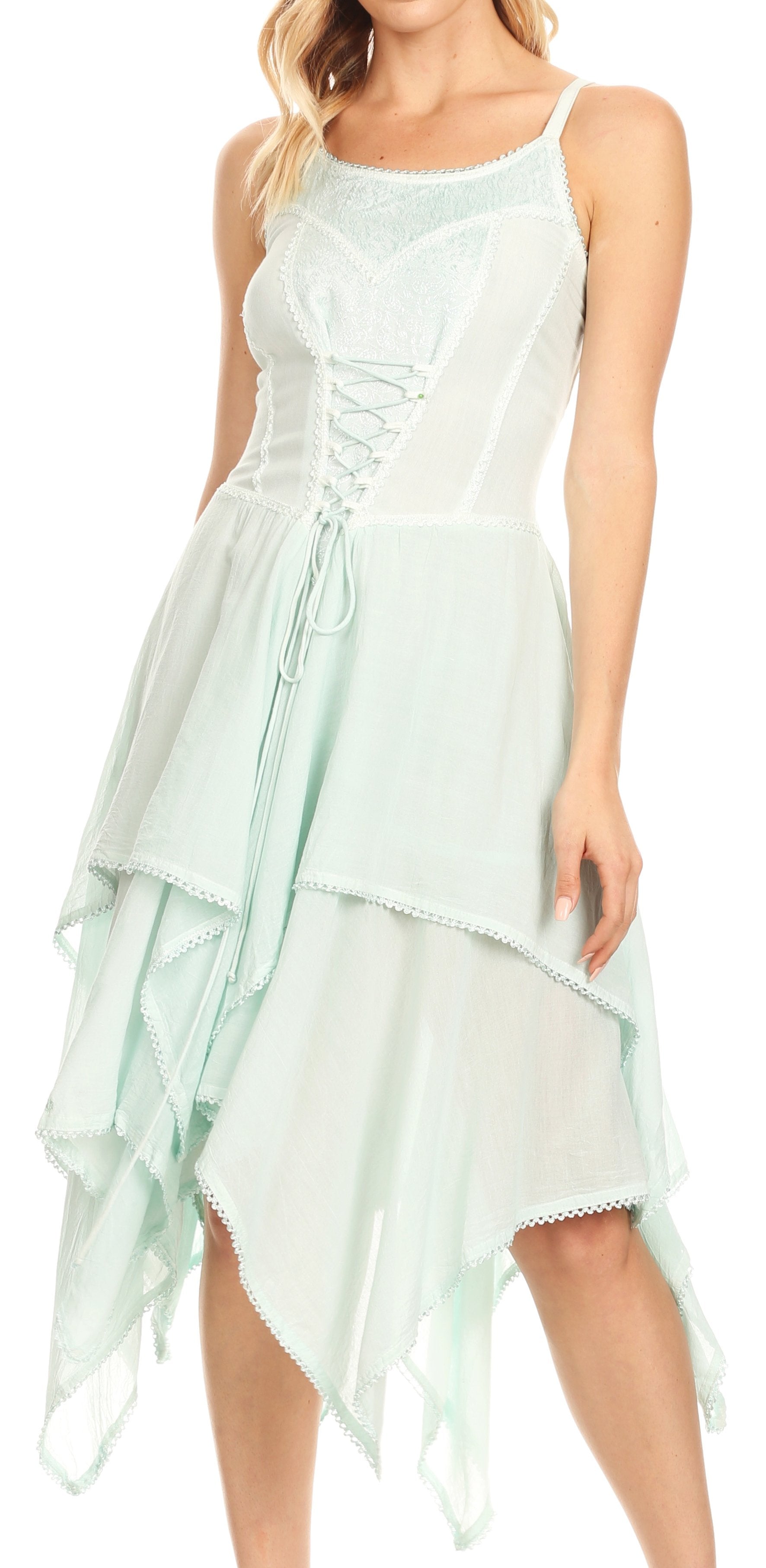 Light blue dress with lace details on a white background