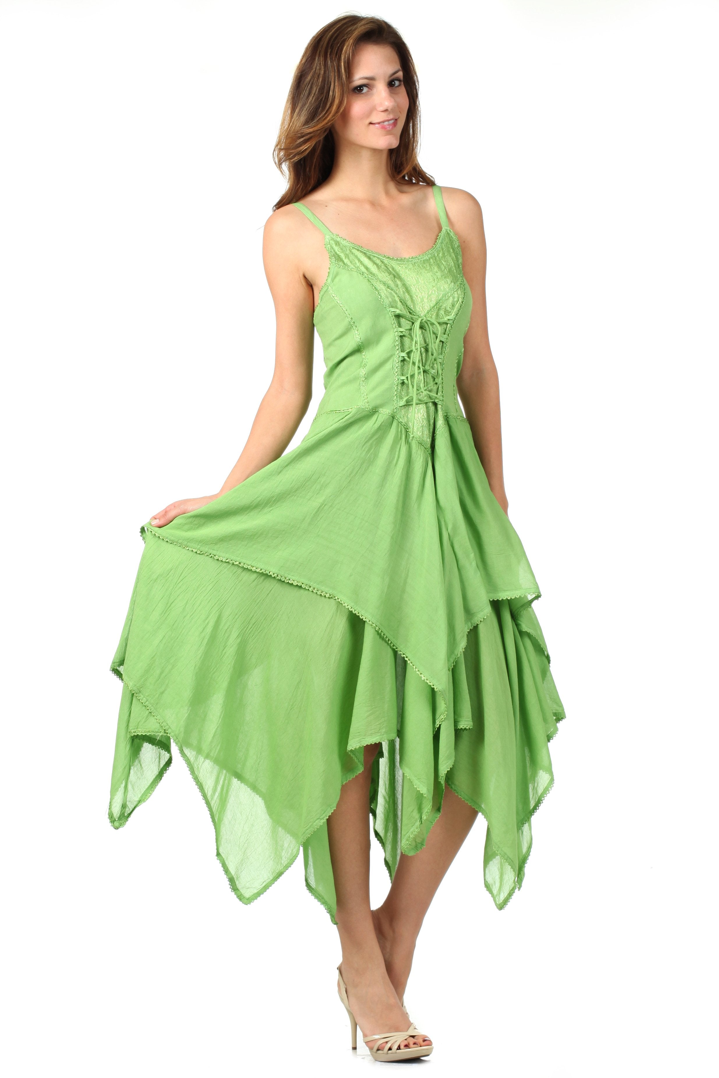 Woman wearing a green dress on a white background