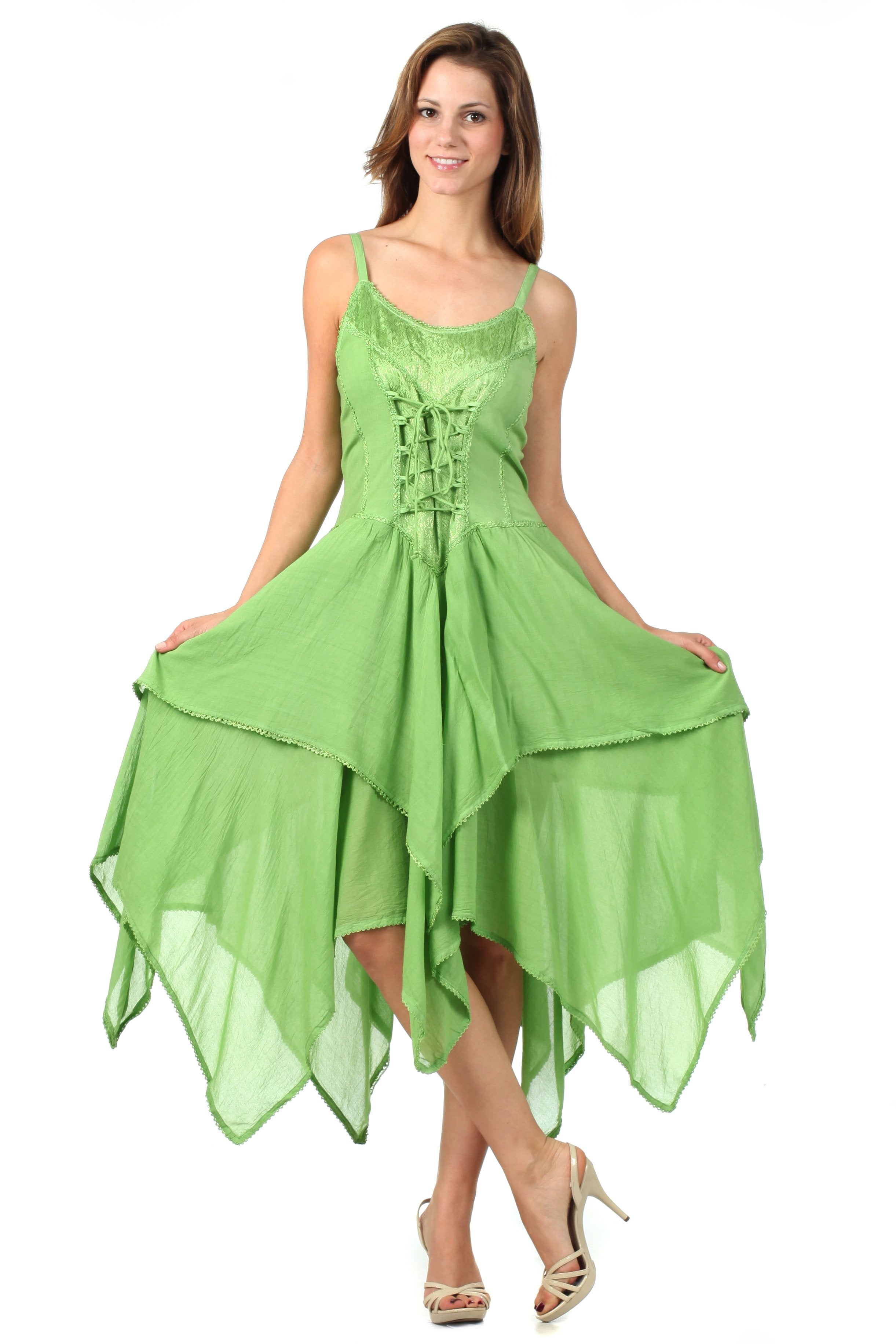 Woman wearing a green dress with a white background