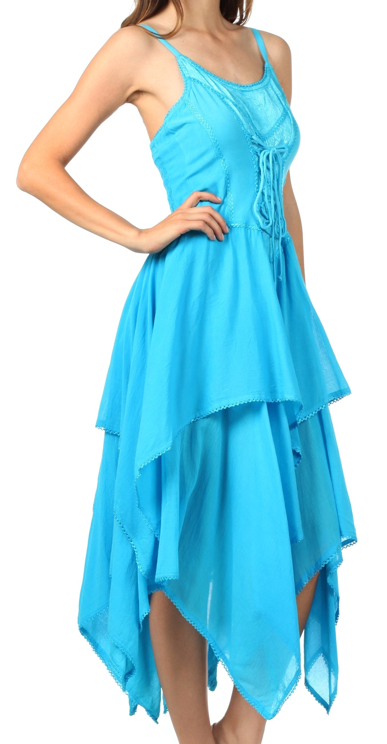 Blue dress with a tiered design on a white background