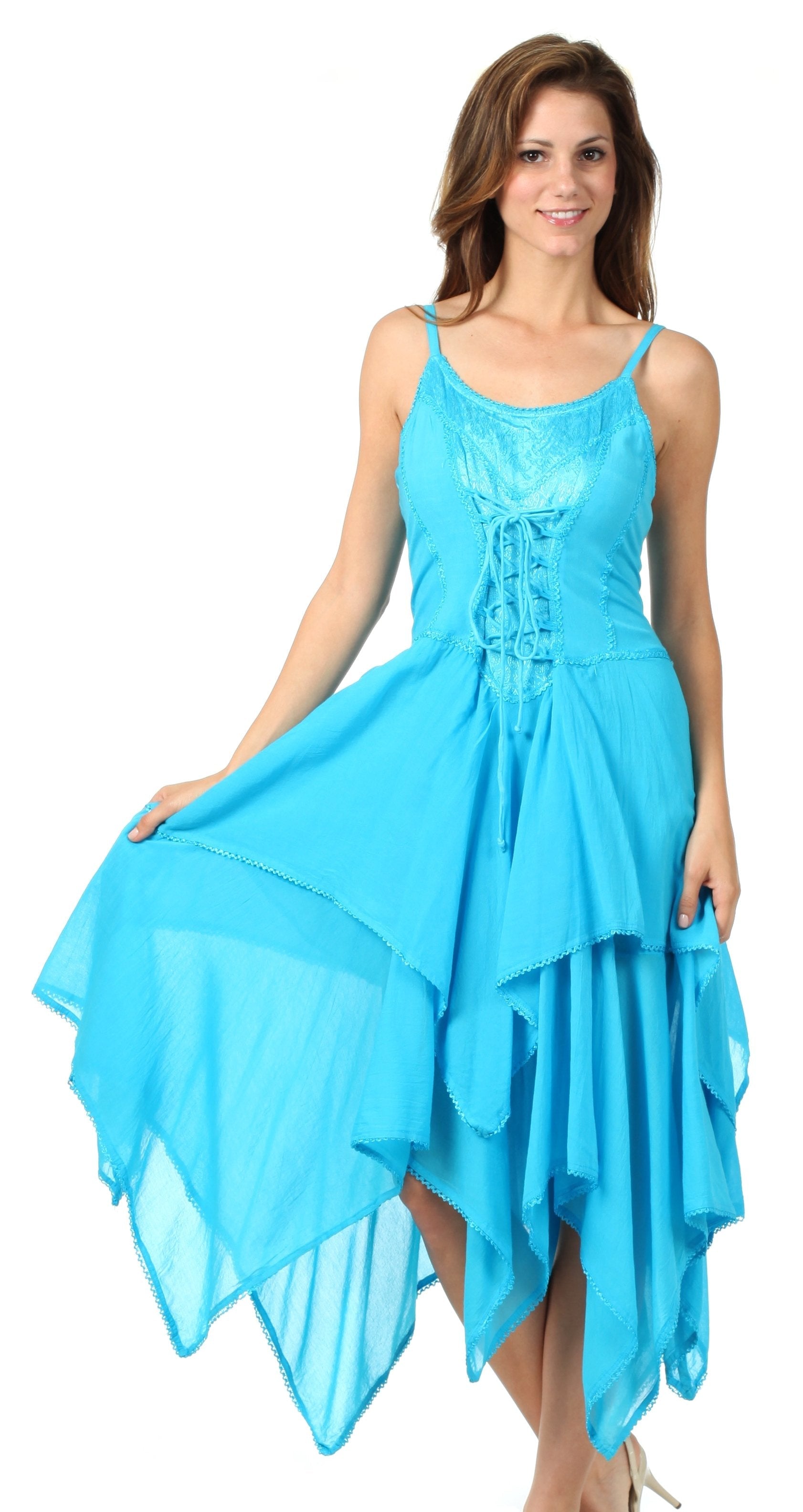 Woman wearing a blue dress on a white background