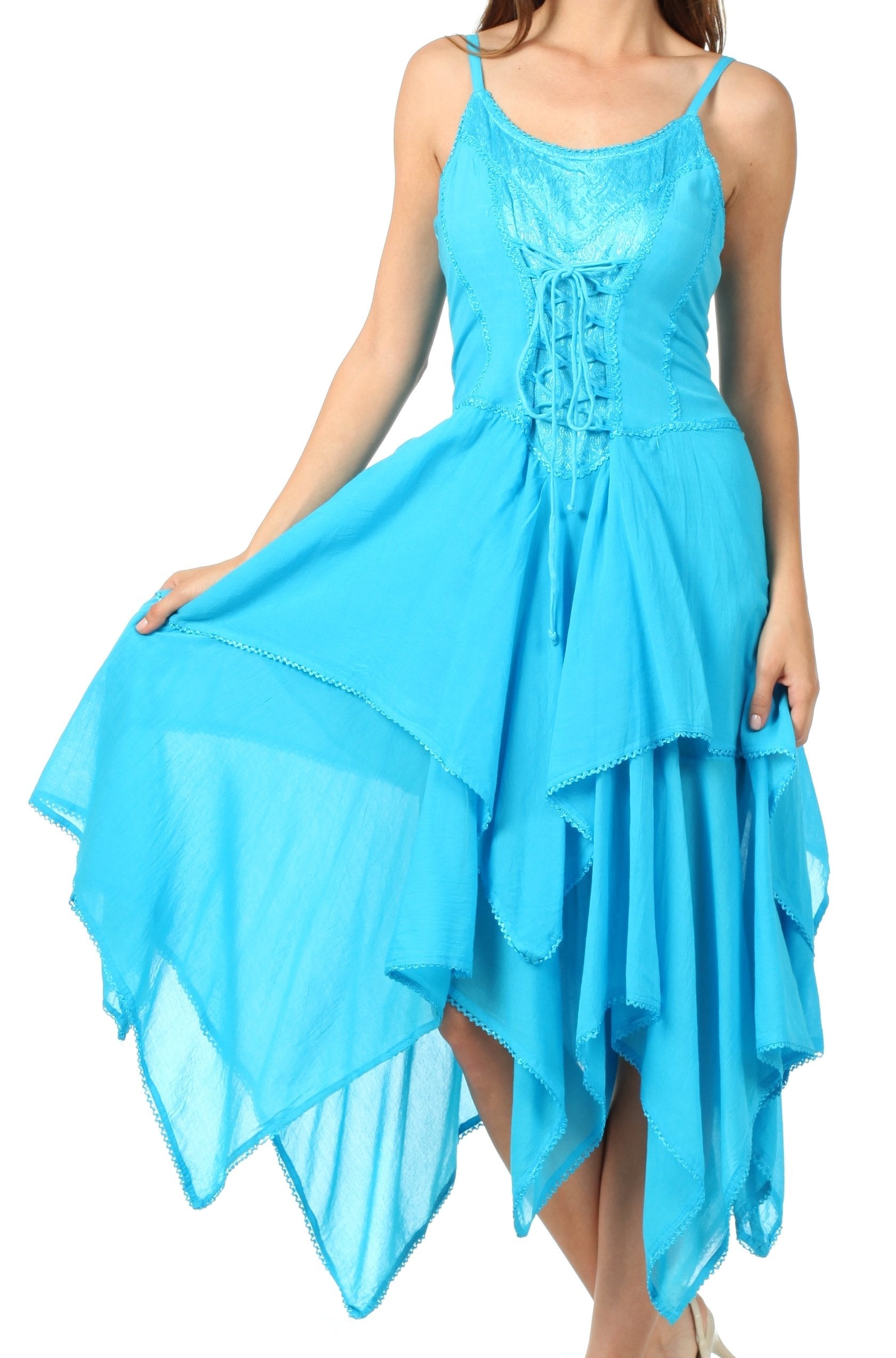 Woman wearing a blue dress with a flowing skirt on a white background