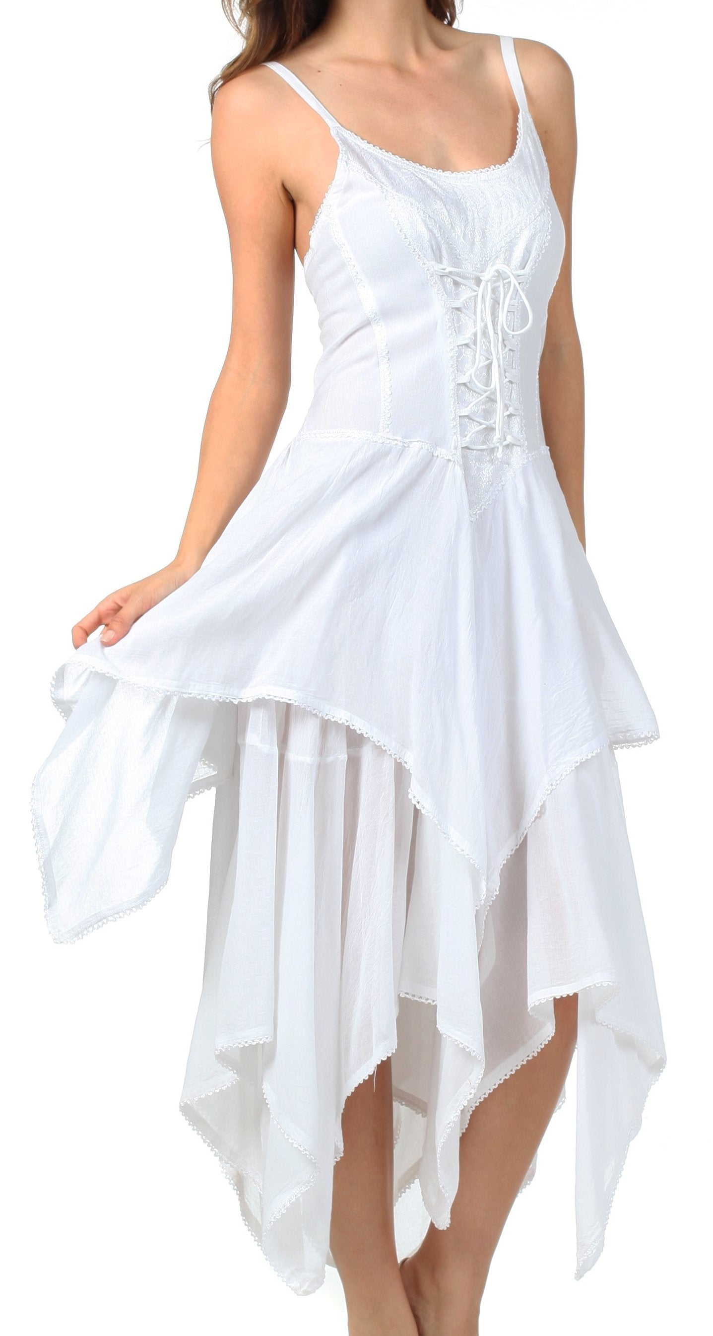 White sleeveless dress with lace details on a white background