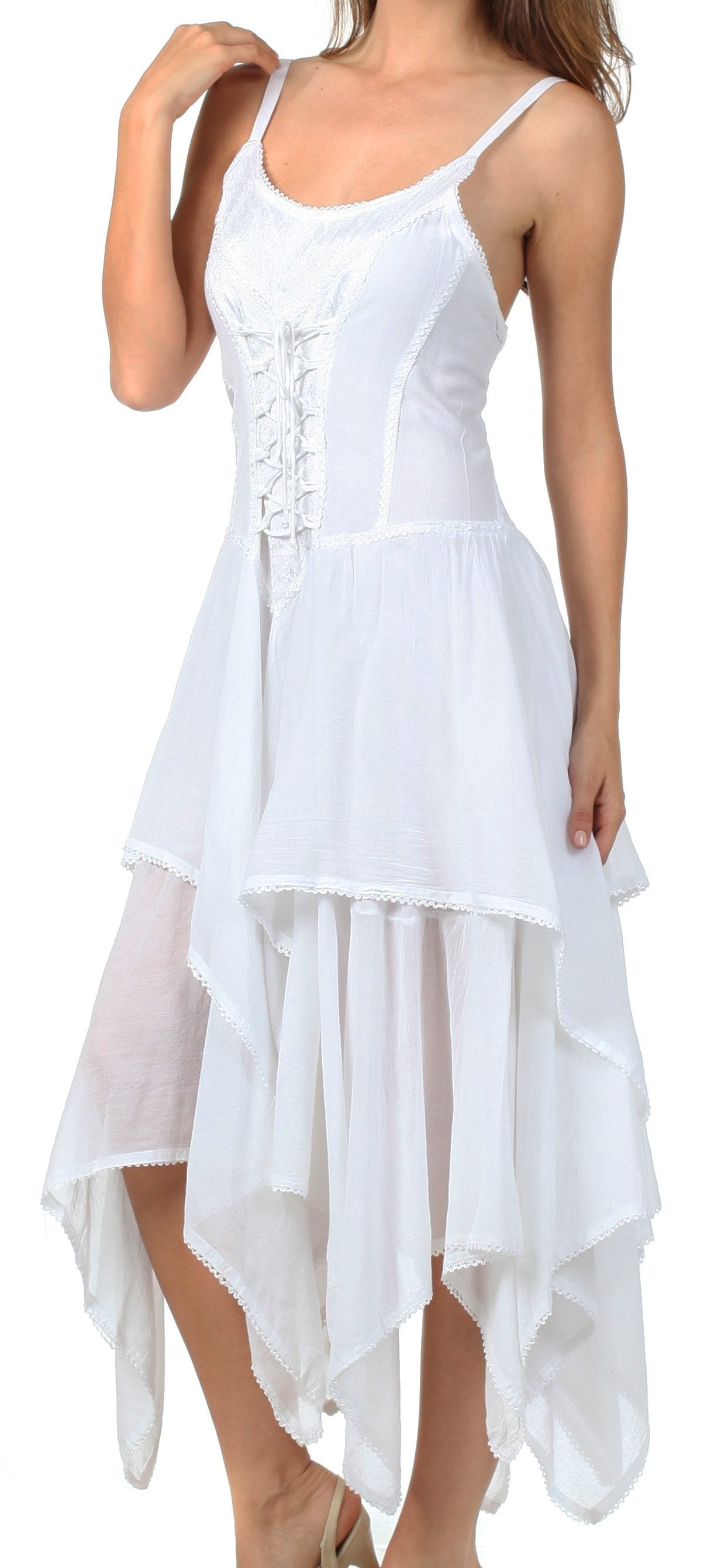 White sleeveless dress with lace details on a white background