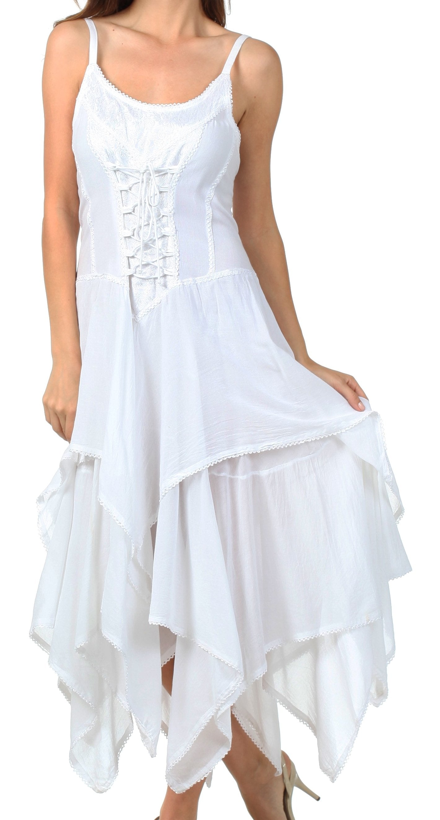 White sleeveless dress with lace details on a white background