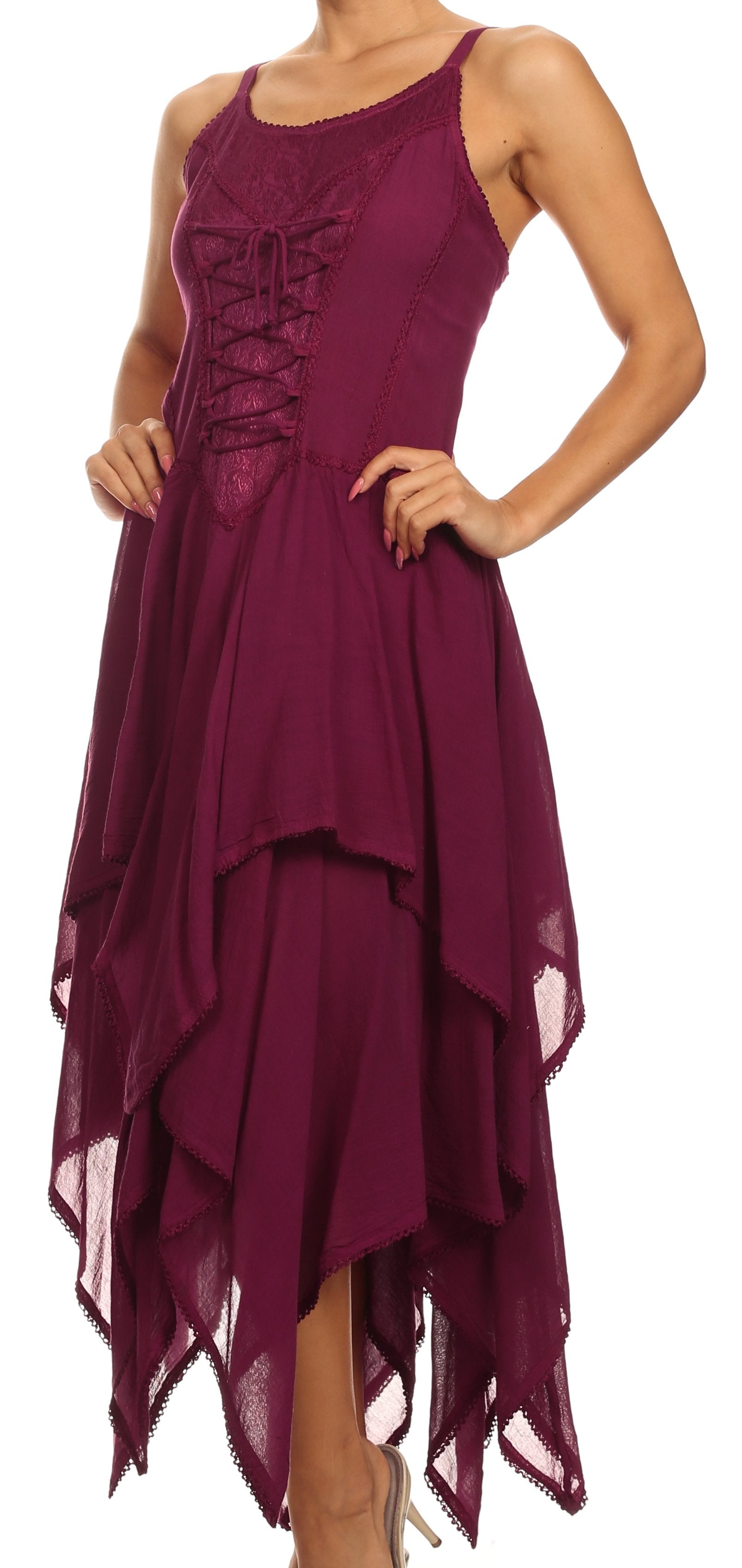 Purple dress with lace-up front and layered skirt on a white background