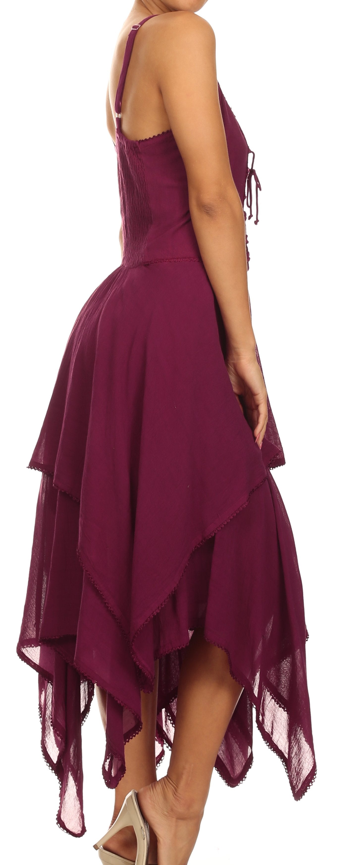 Burgundy evening gown with a layered skirt on a white background
