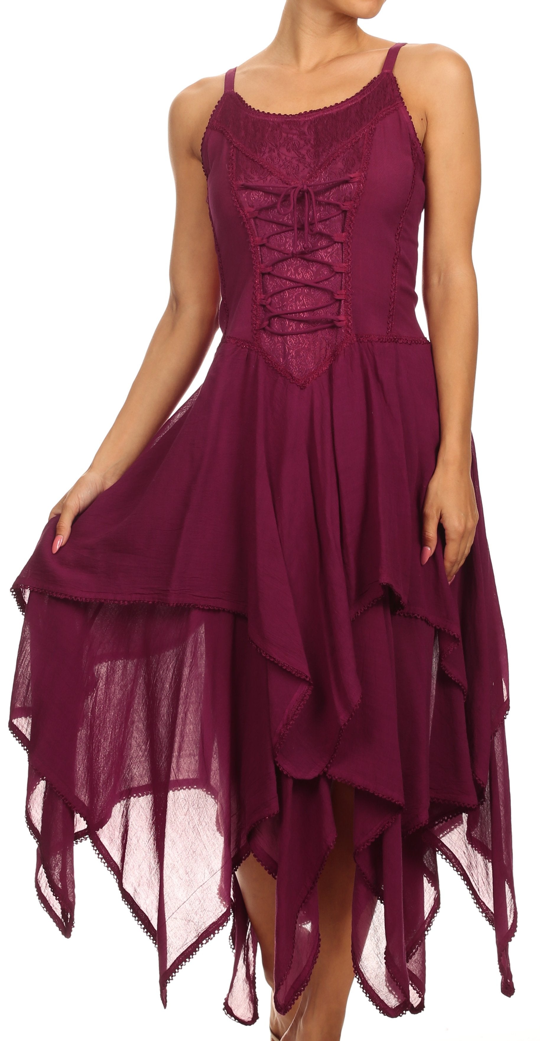 Purple lace-up dress with layered skirt on a white background