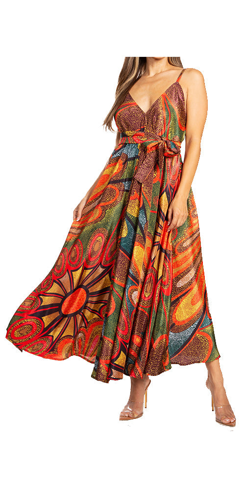 Woman wearing a colorful patterned dress on a white background