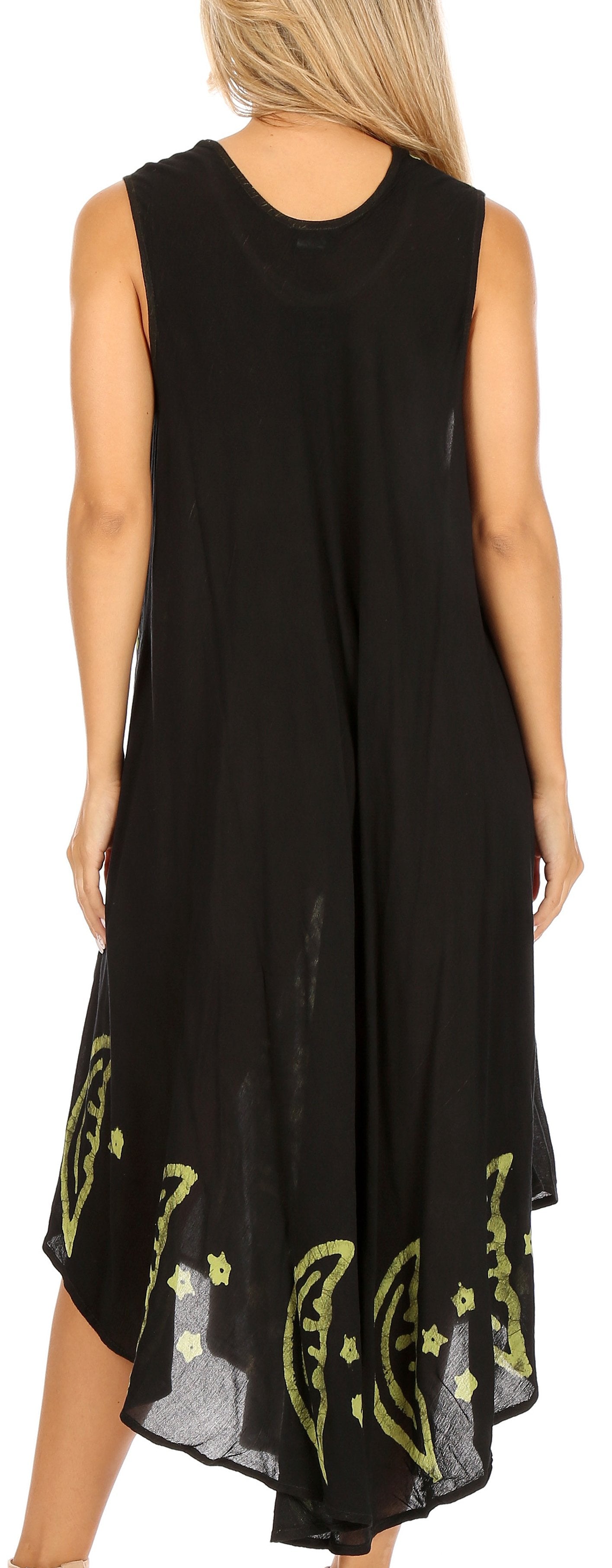 Black sleeveless dress with yellow designs on a white background
