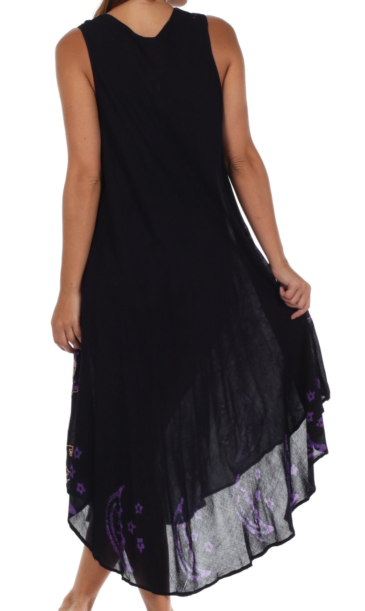Black sleeveless dress with a layered design on a white background