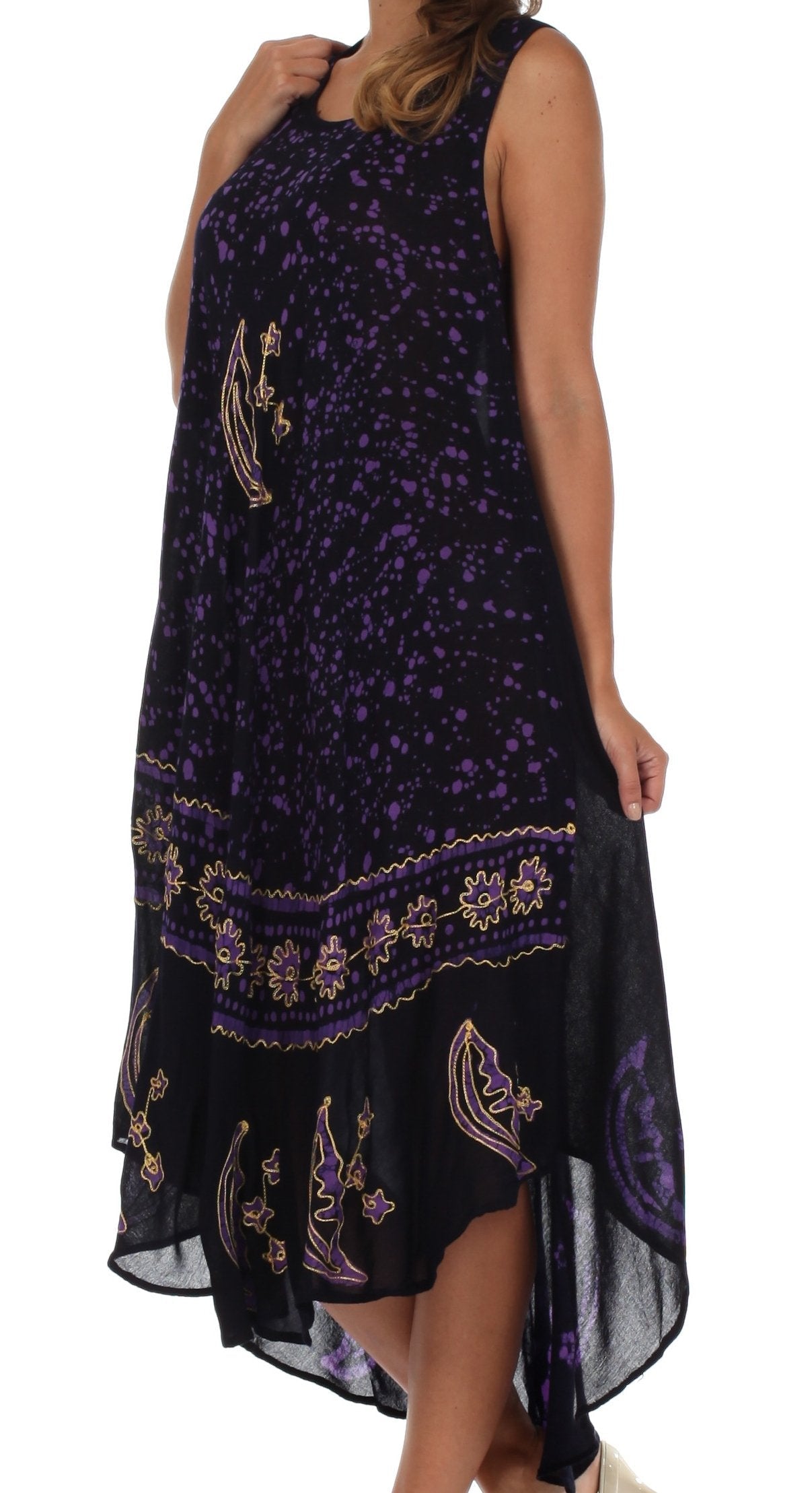 Black dress with purple floral patterns on a white background