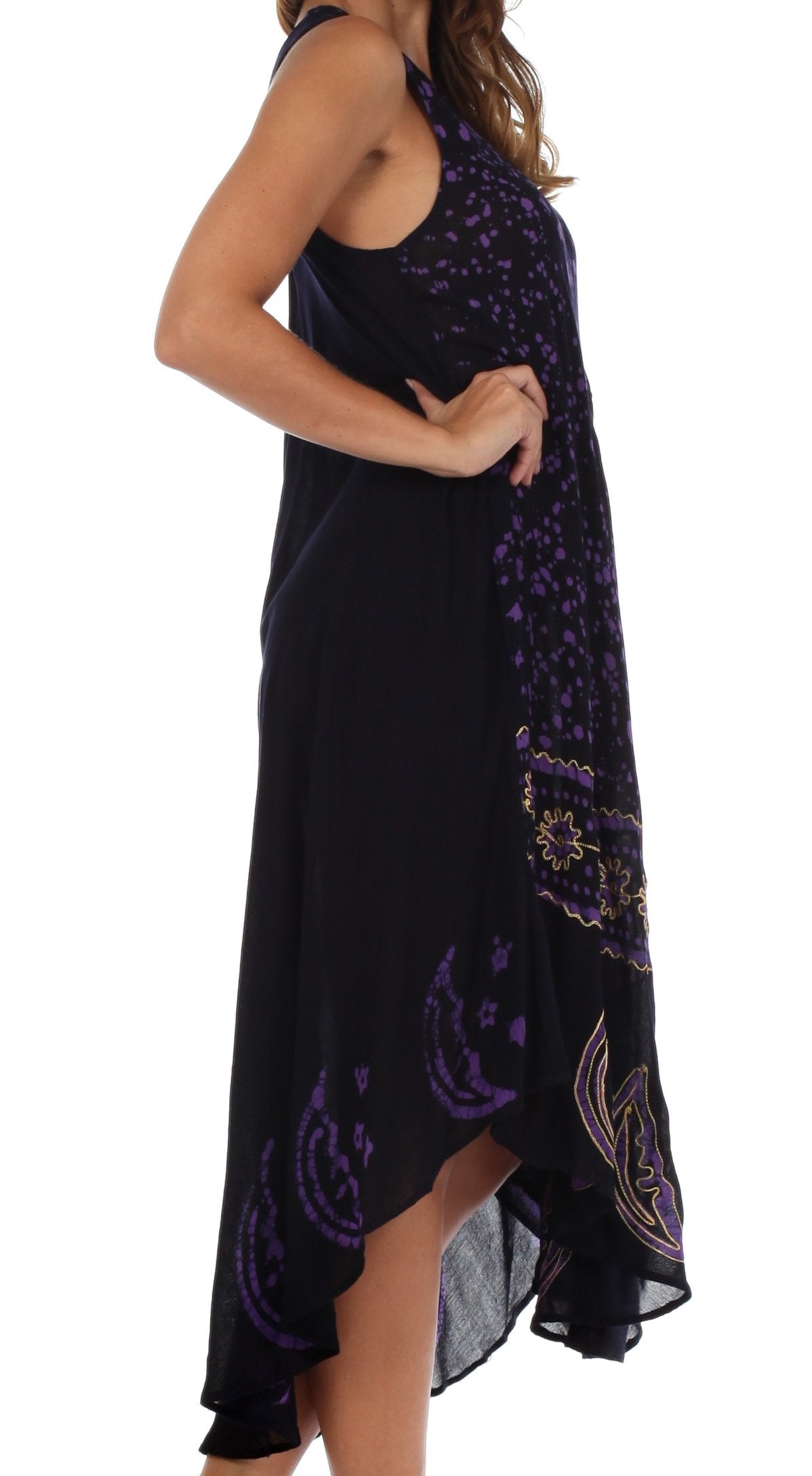 Black dress with purple floral patterns on a white background