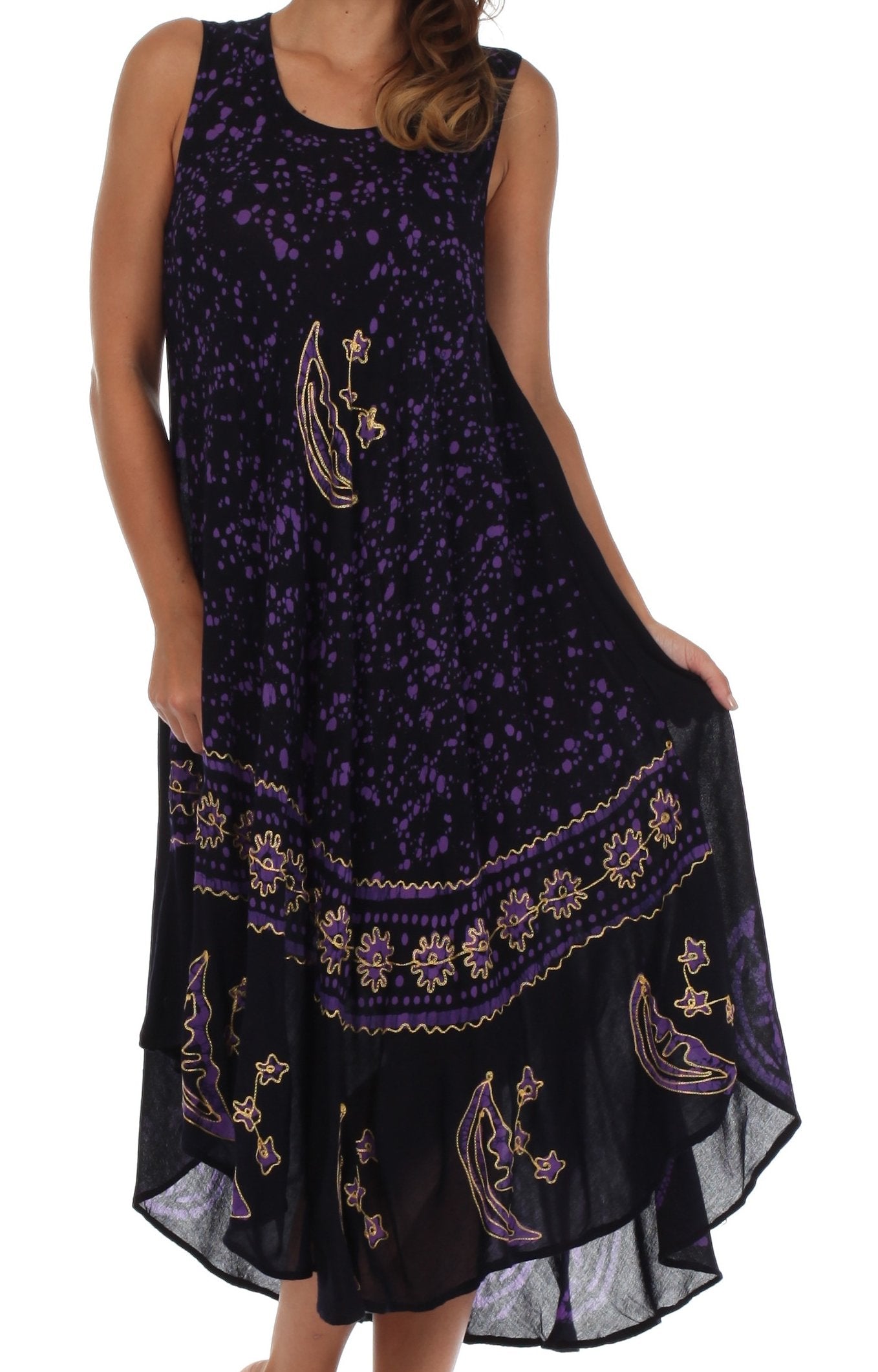 Black dress with purple floral patterns on a white background