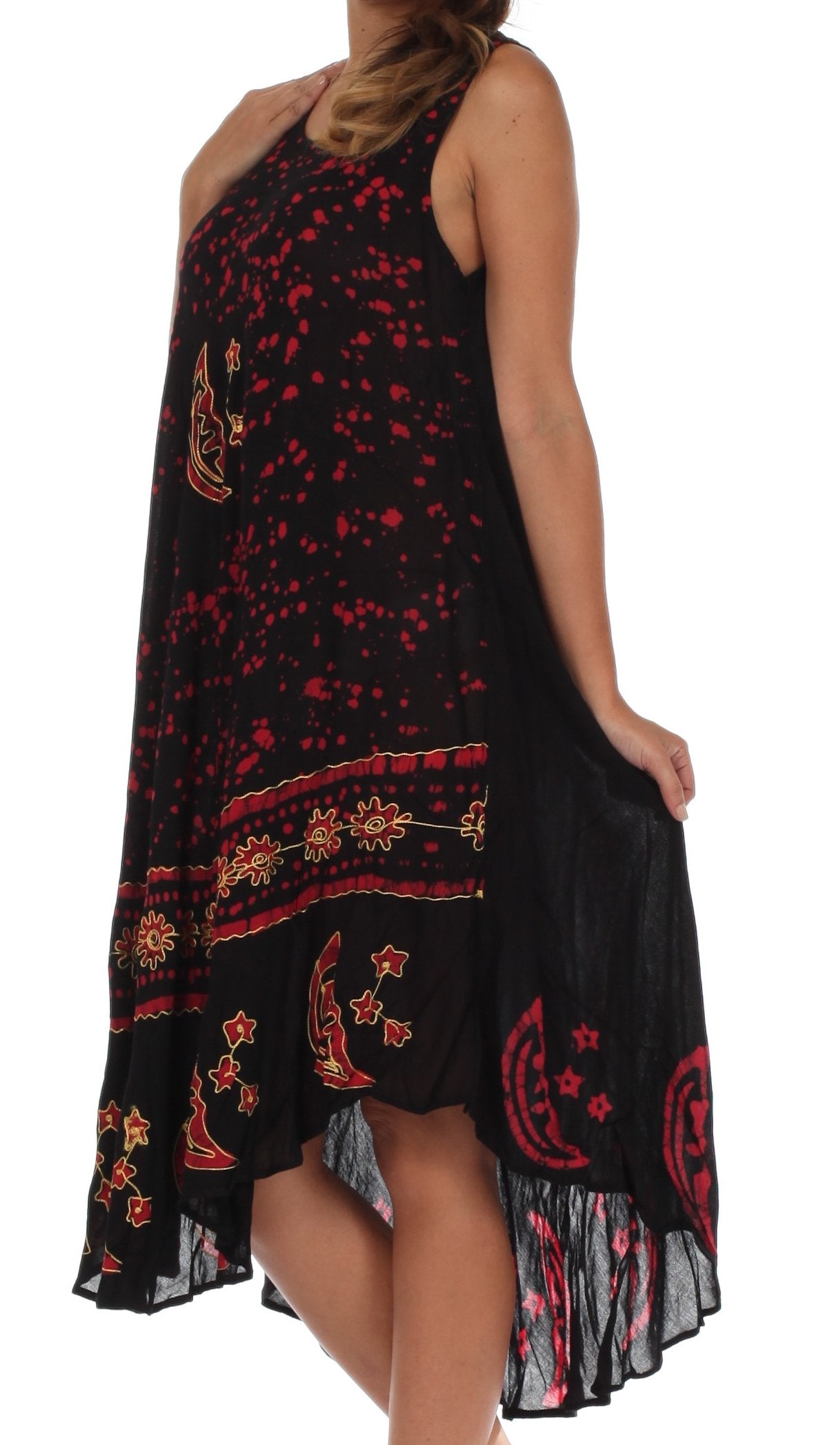 Black dress with red and orange patterns on a white background