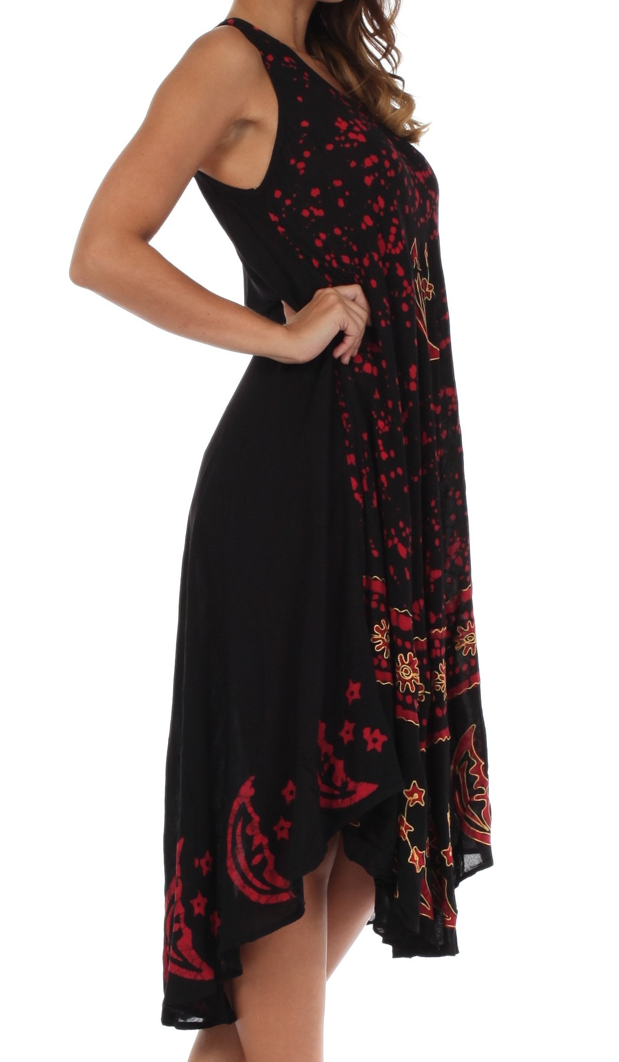 Black dress with red floral patterns on a white background