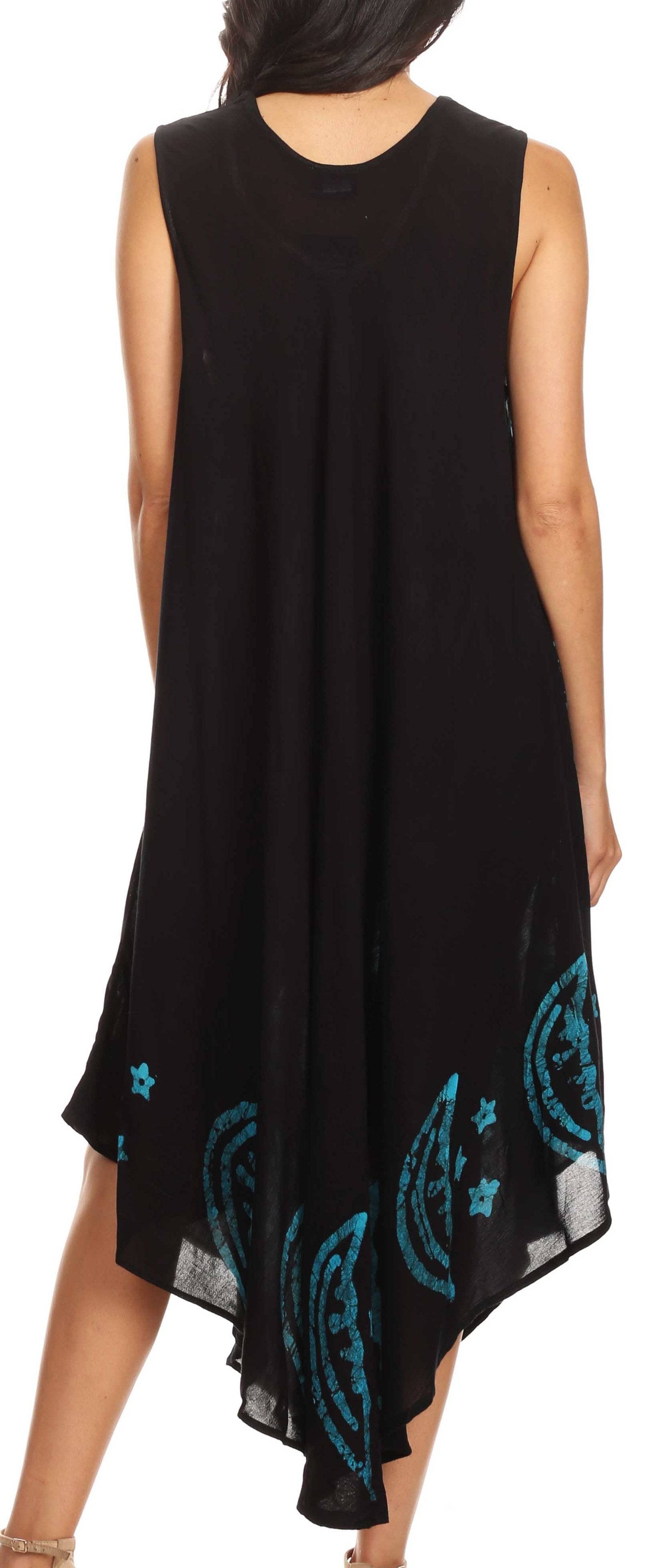 Black sleeveless dress with teal embroidery on a white background