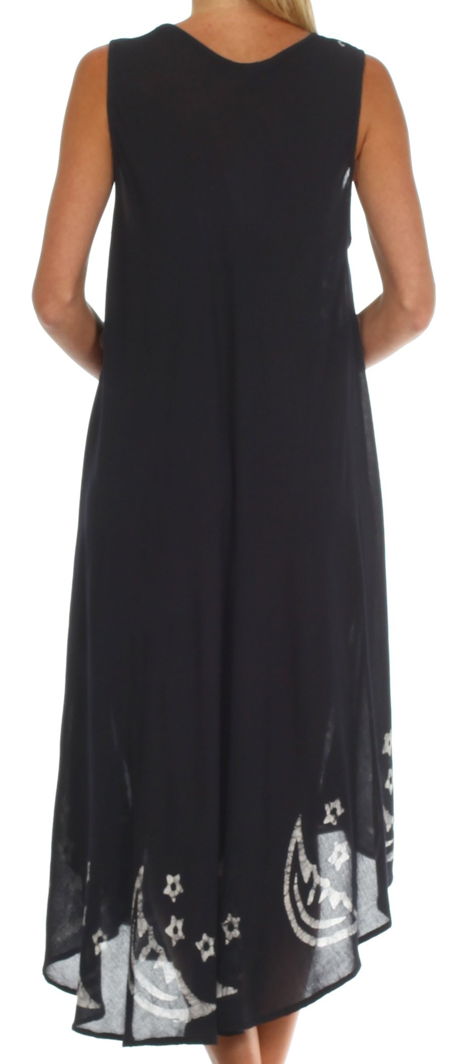 Black sleeveless dress with white patterns on a white background