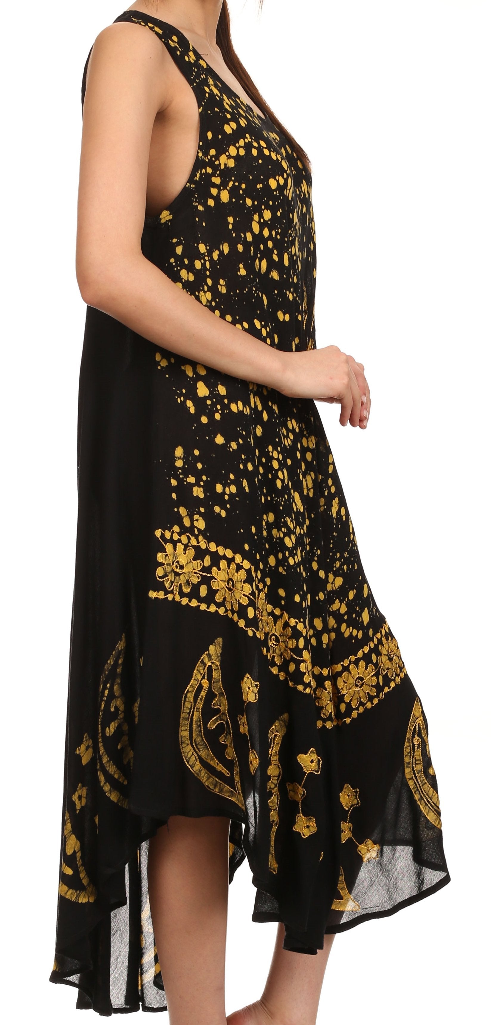 Black dress with gold floral patterns on a white background