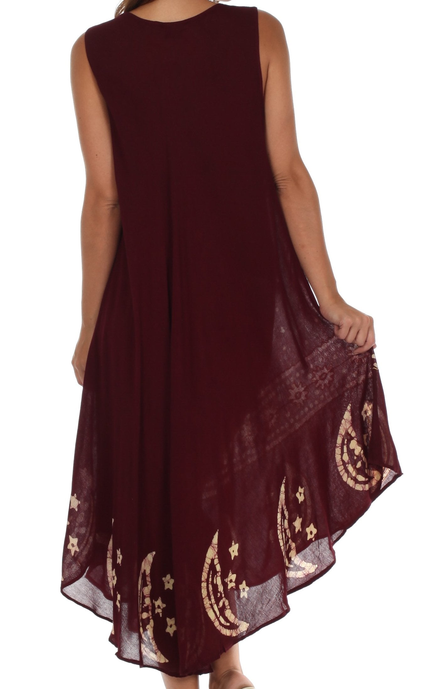 Maroon dress with gold embroidery on a white background