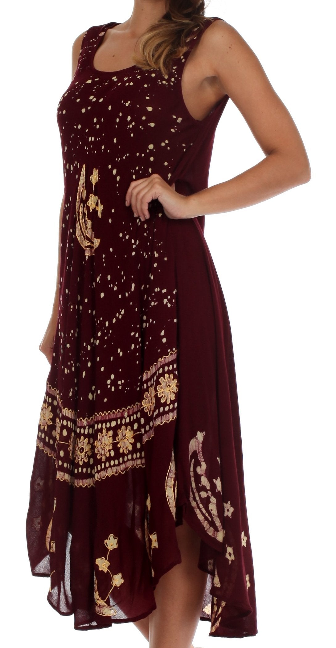 Maroon dress with gold patterns on a white background