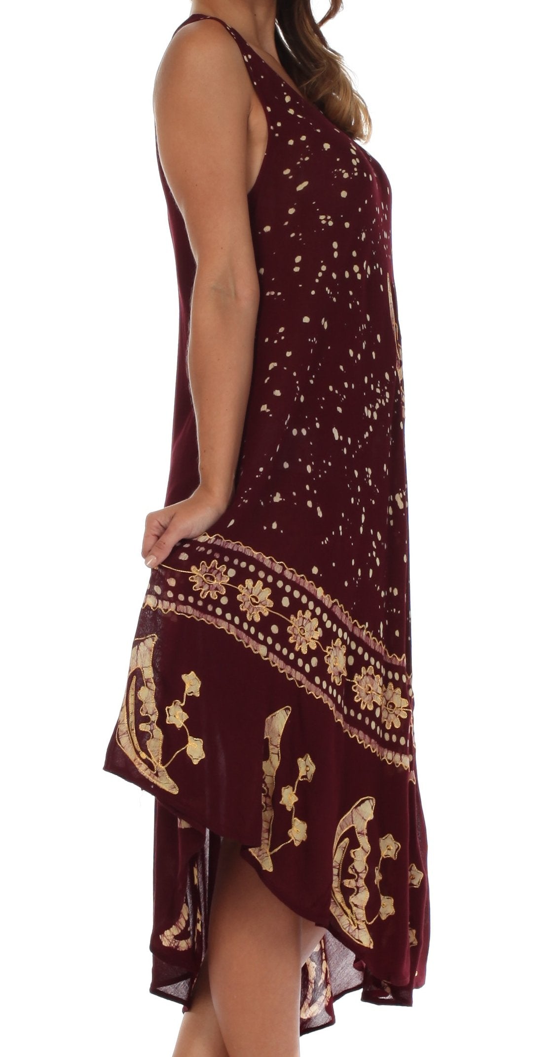 Maroon dress with gold patterns on a white background