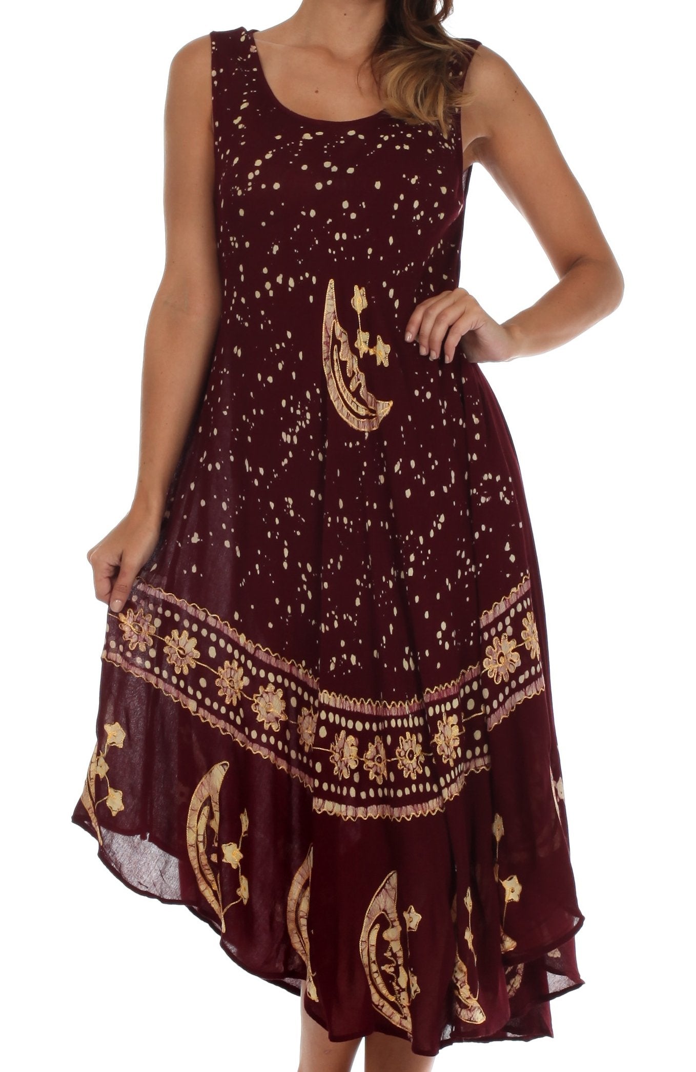 Maroon dress with gold patterns on a white background