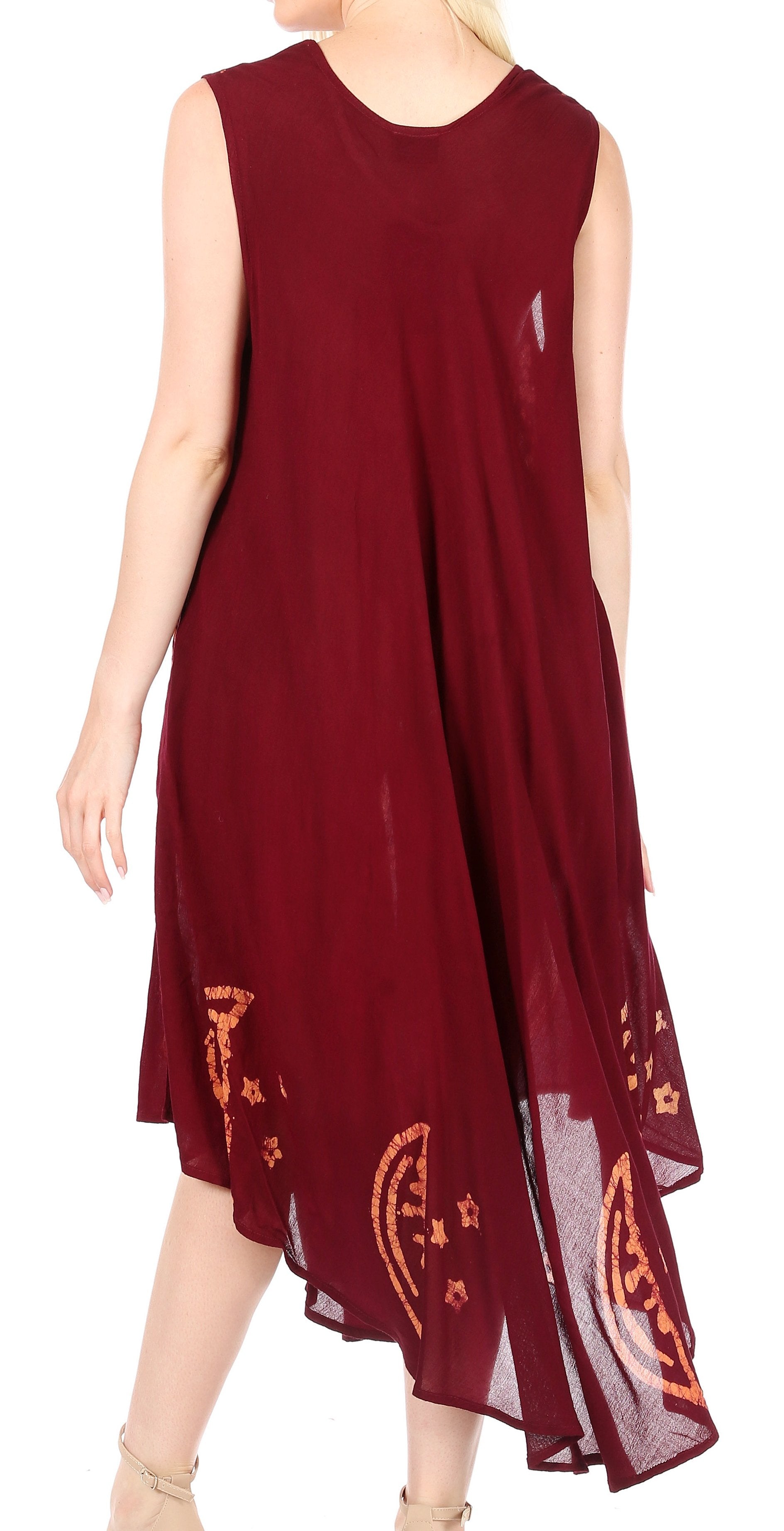 Maroon sleeveless dress with intricate patterns on a white background