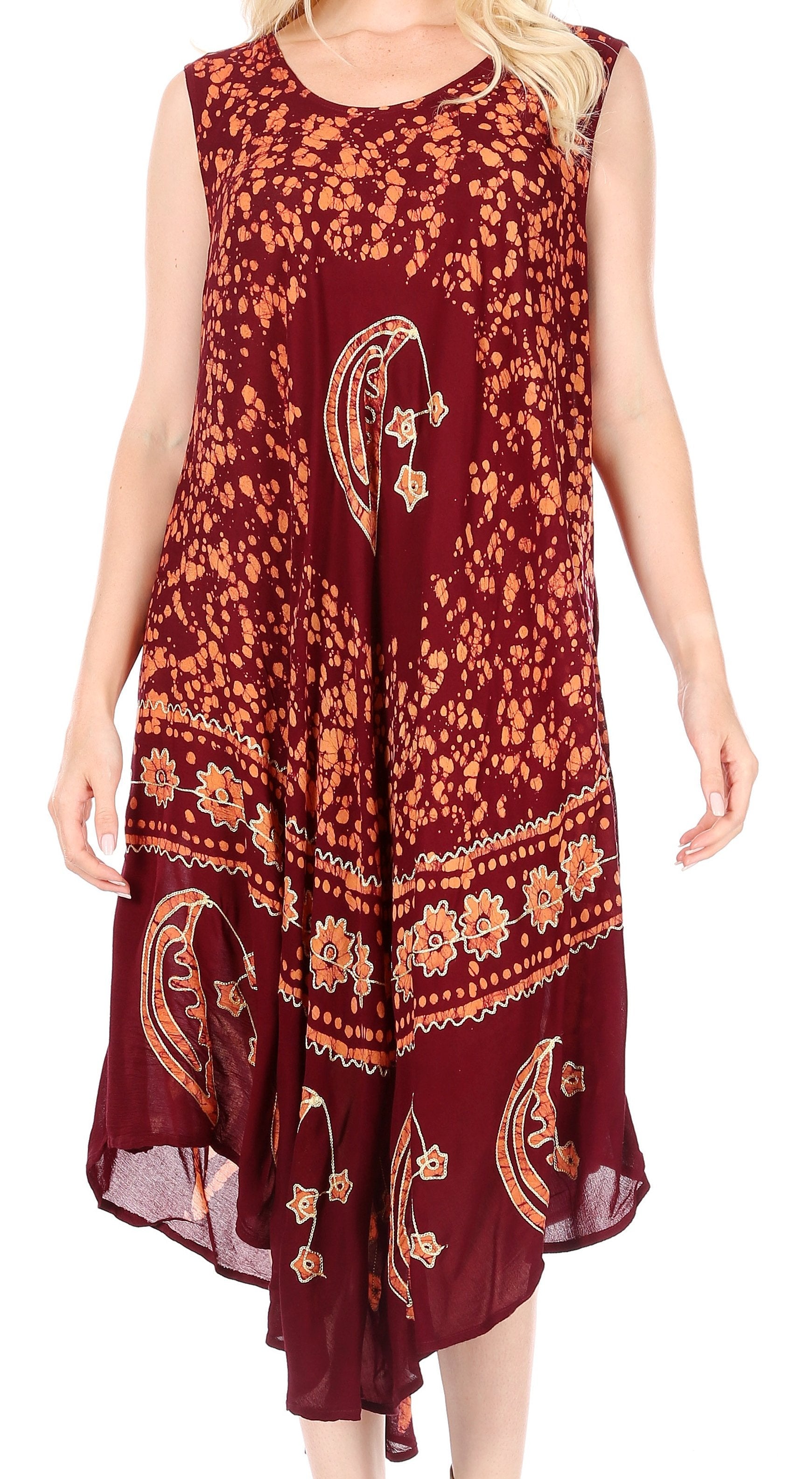 Maroon dress with floral and paisley patterns on a white background