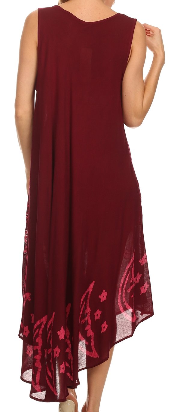 Maroon sleeveless dress with floral embroidery on a white background