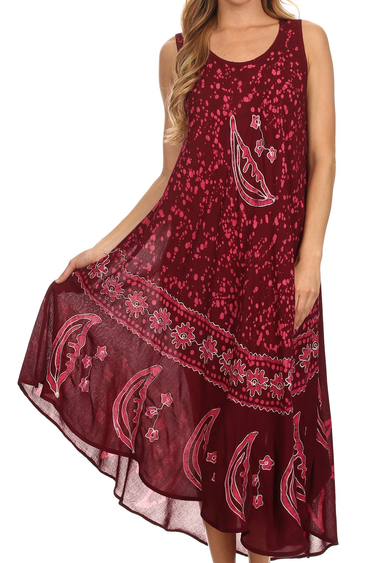 Red dress with floral patterns on a white background